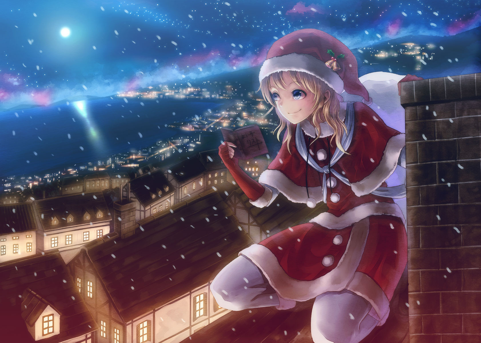 224923 Bild herunterladen animes, weihnachten, handschuh, nacht, strumpfhose, rock, lächeln, schneefall - Hintergrundbilder und Bildschirmschoner kostenlos
