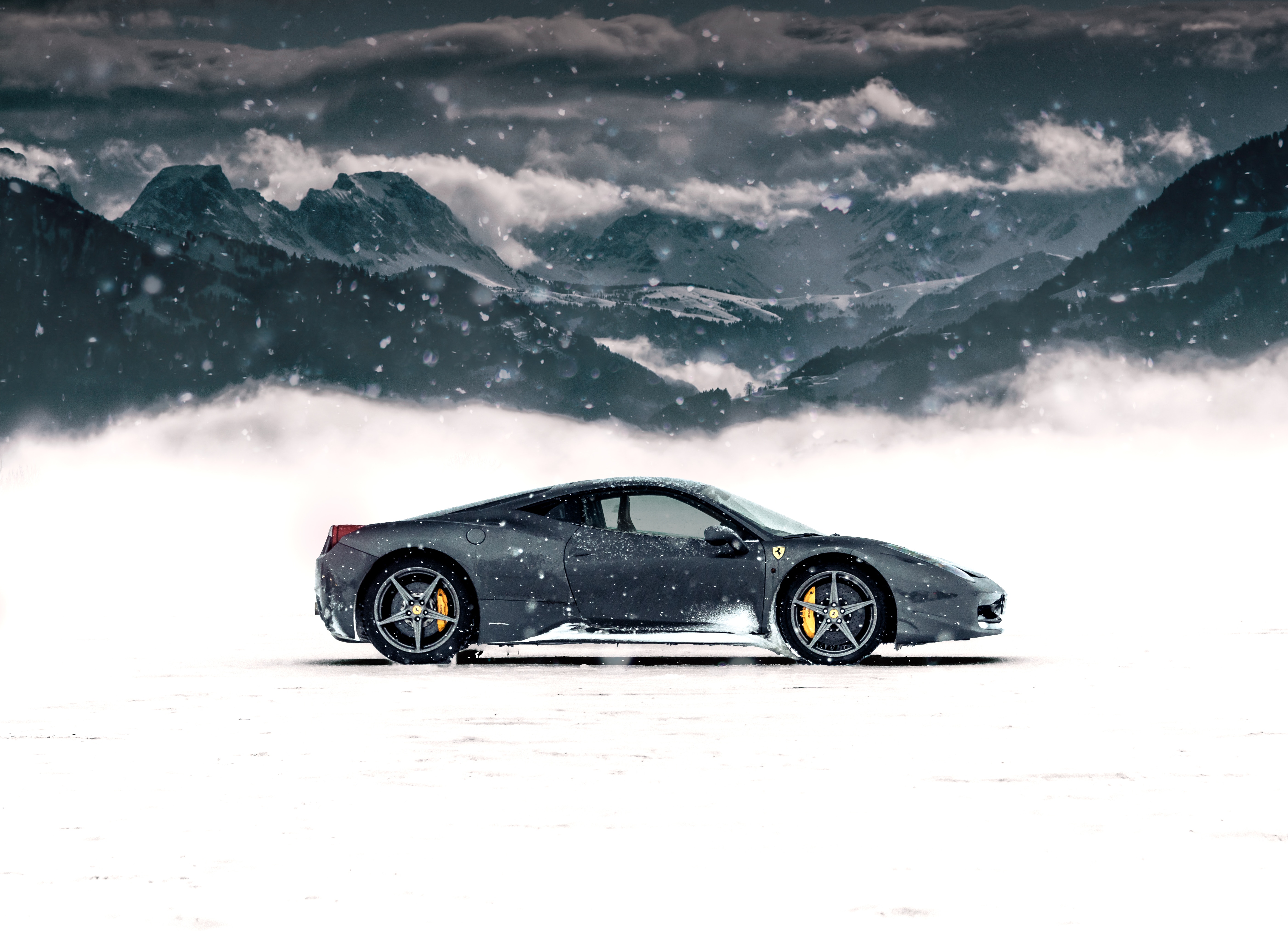 ferrari, sports, winter, mountains, snow, cars, grey, sports car, side view, ferrari 458 italia