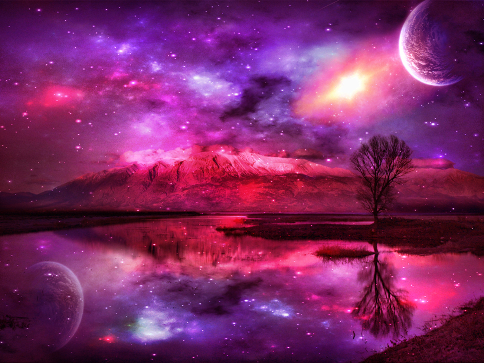Скачать картинку Пурпурный, Фэнтези, Озеро, Луна, Пейзаж в телефон бесплатно.