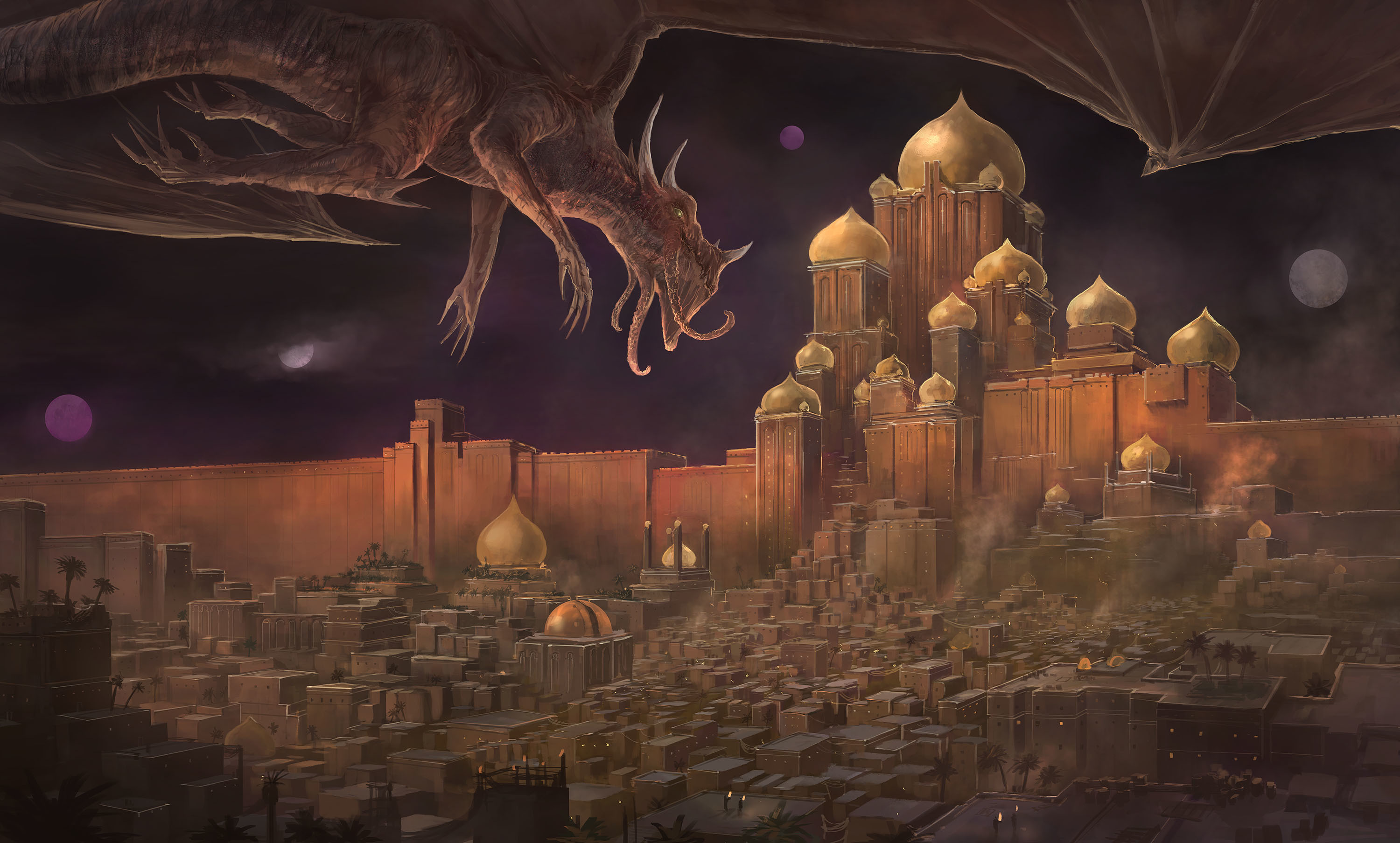 Free download wallpaper Fantasy, Night, City, Dragon, Oriental, Dome on your PC desktop