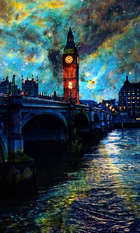 Download mobile wallpaper Cities, Sky, Stars, Night, London, Starry Sky, Bridge, Man Made for free.