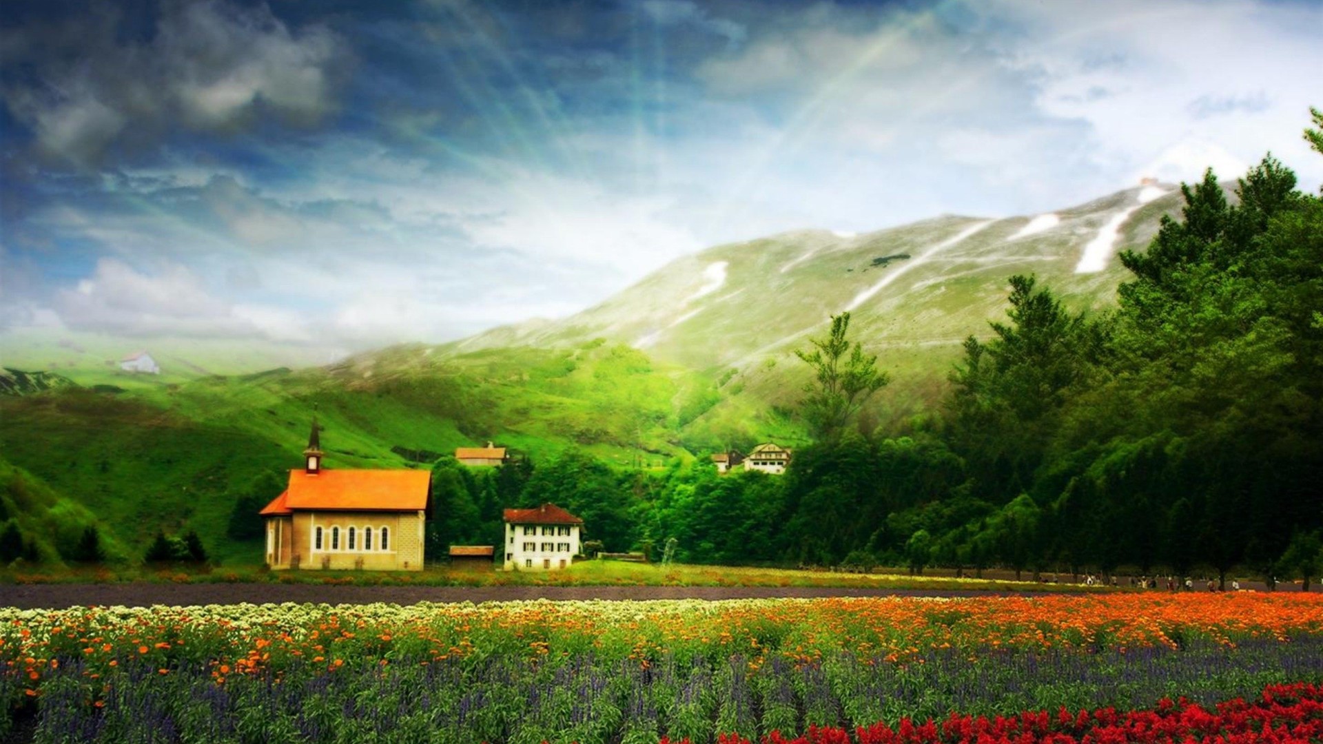 Download mobile wallpaper Mountain, Flower, Tree, House, Field, Village, Church, Man Made for free.