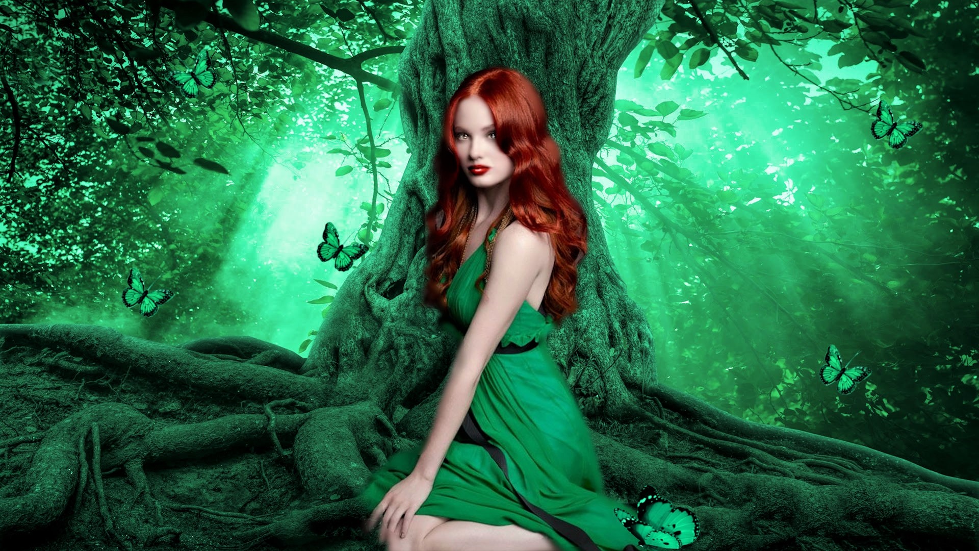 Free download wallpaper Fantasy, Forest, Butterfly, Redhead, Women, Lipstick on your PC desktop