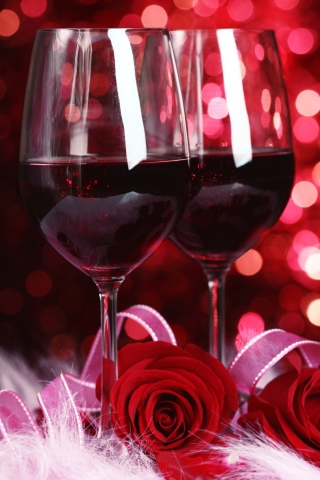 Download mobile wallpaper Valentine's Day, Flower, Rose, Holiday, Glass, Bokeh, Wine for free.