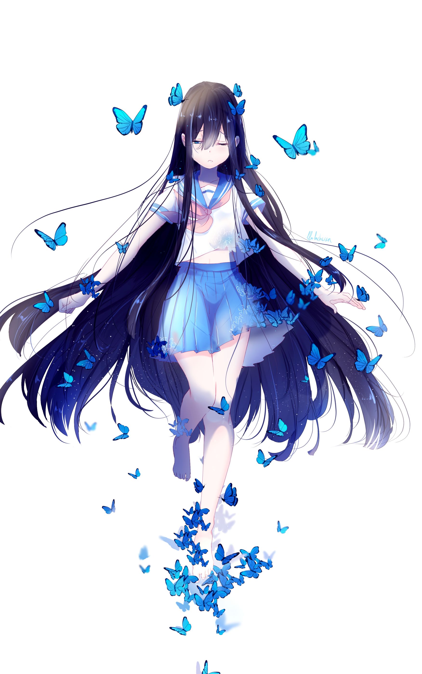 Download mobile wallpaper Anime, Butterfly, Original, School Uniform, Black Hair, Long Hair for free.