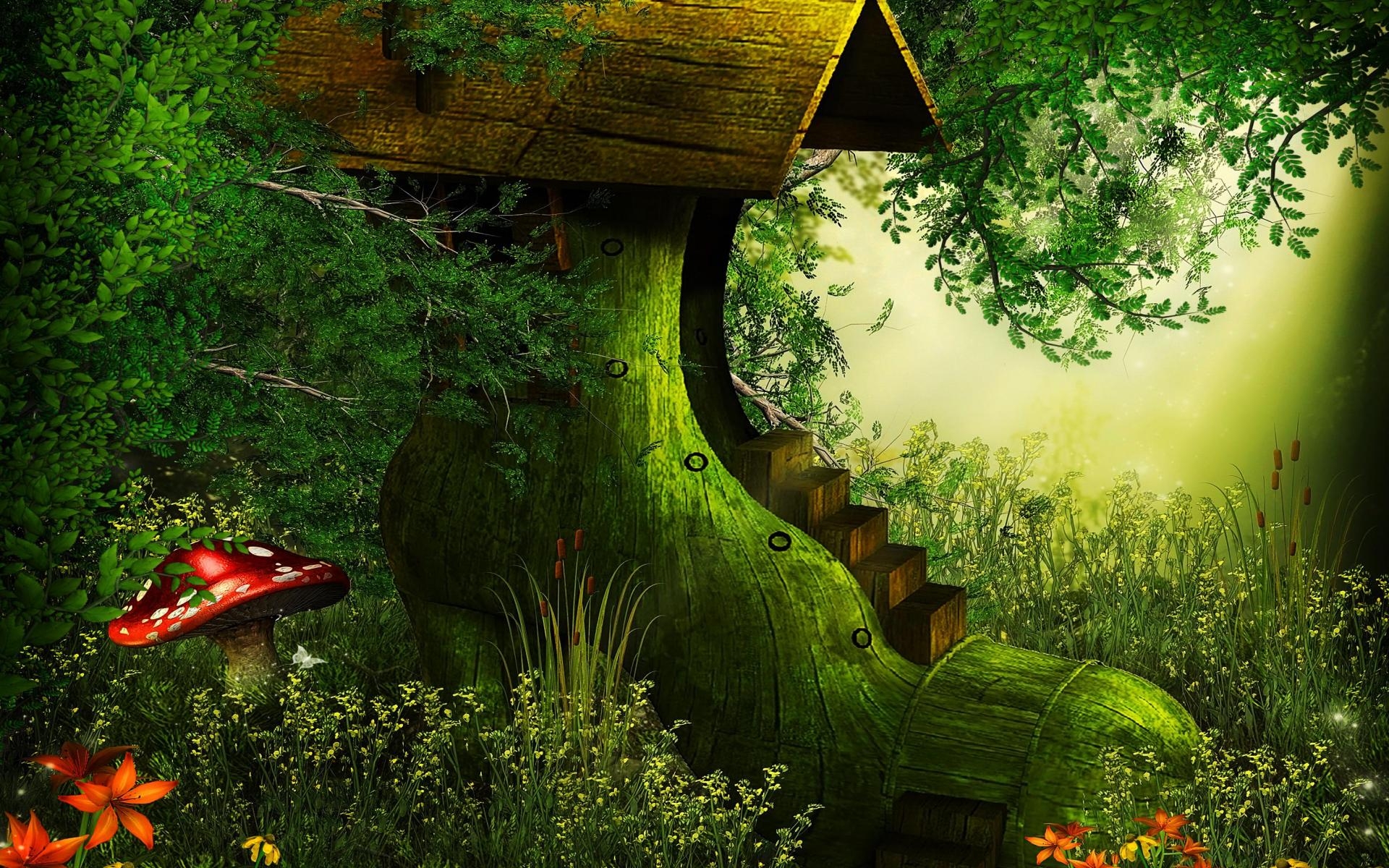 Laden Sie das Fantasie, Wald, Haus, Pilz, Künstlerisch, Schuh-Bild kostenlos auf Ihren PC-Desktop herunter