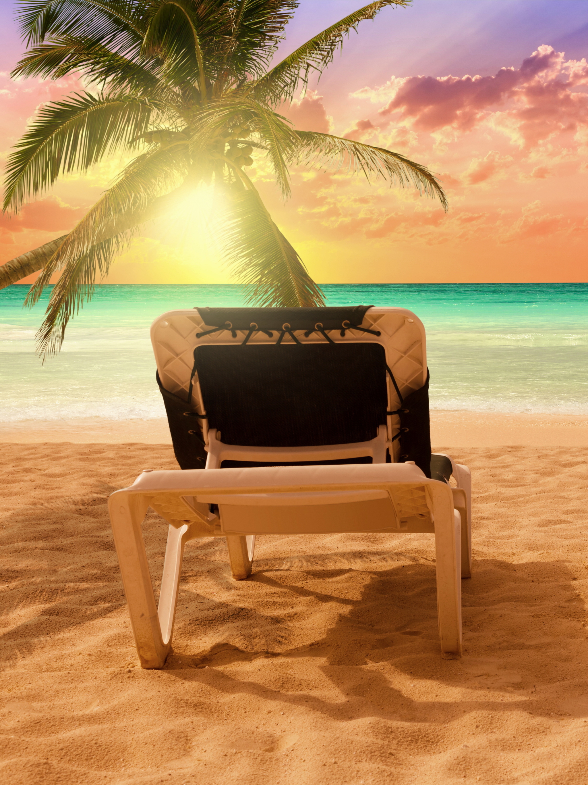 Download mobile wallpaper Sunset, Beach, Sand, Tropical, Photography, Palm Tree for free.