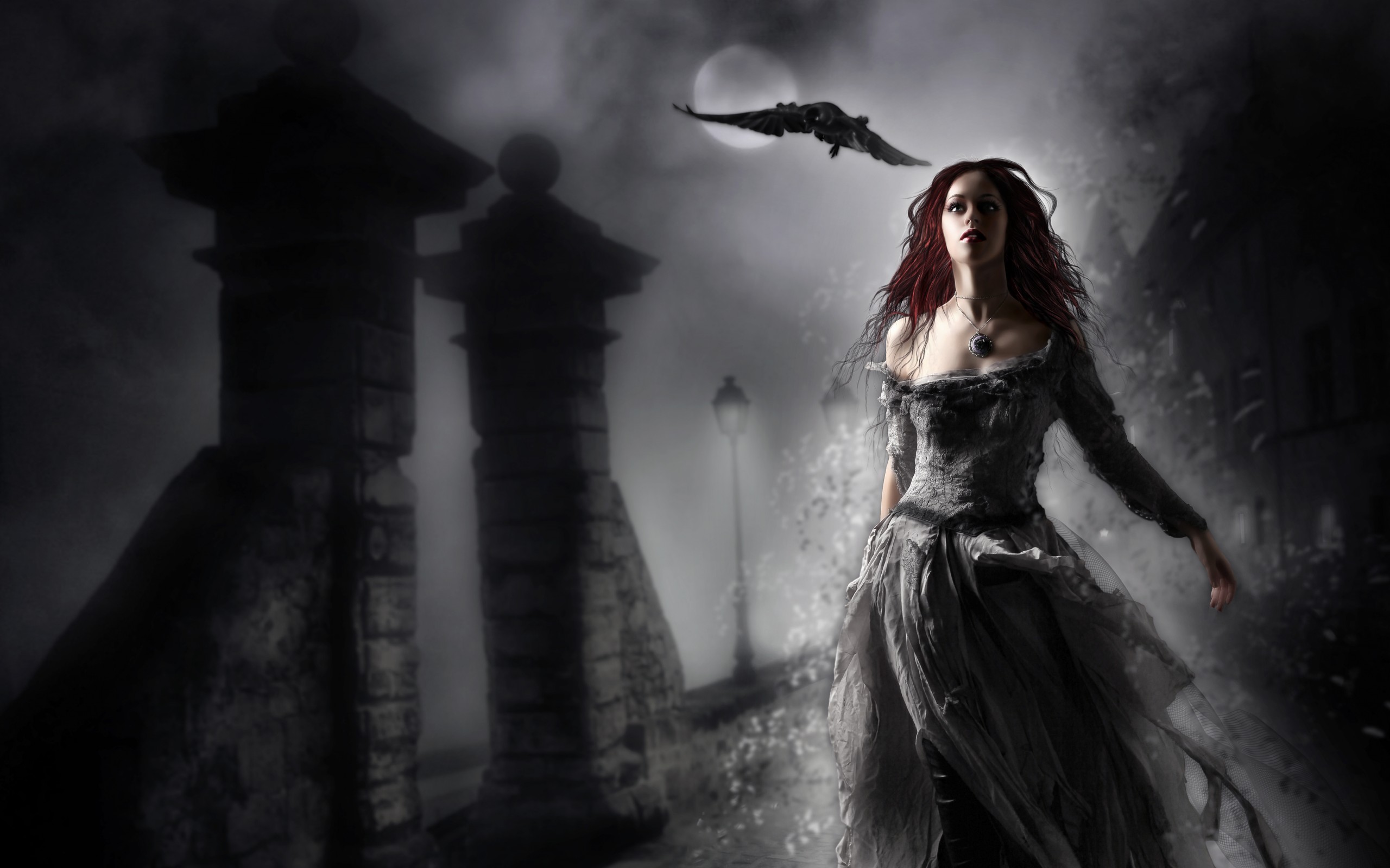 Download mobile wallpaper Fantasy, Gothic, Night, Moon, Dark, Raven, Women for free.