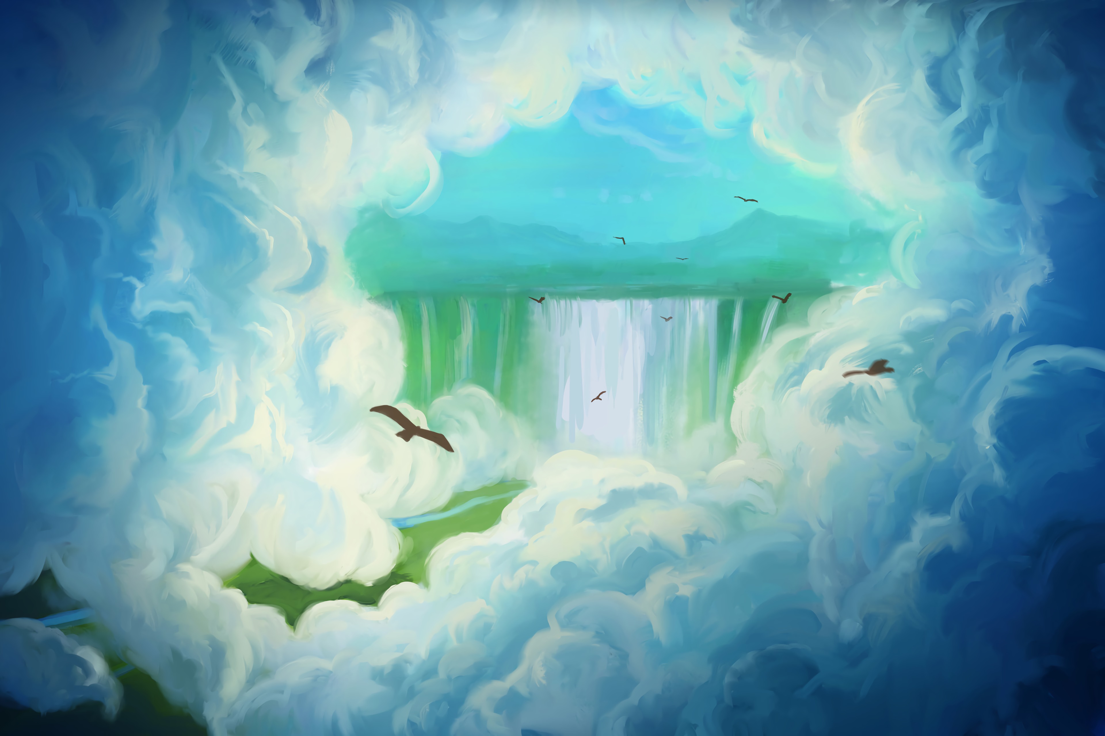 Laden Sie das Clouds, Vogel, Wasserfall, Kunst-Bild kostenlos auf Ihren PC-Desktop herunter