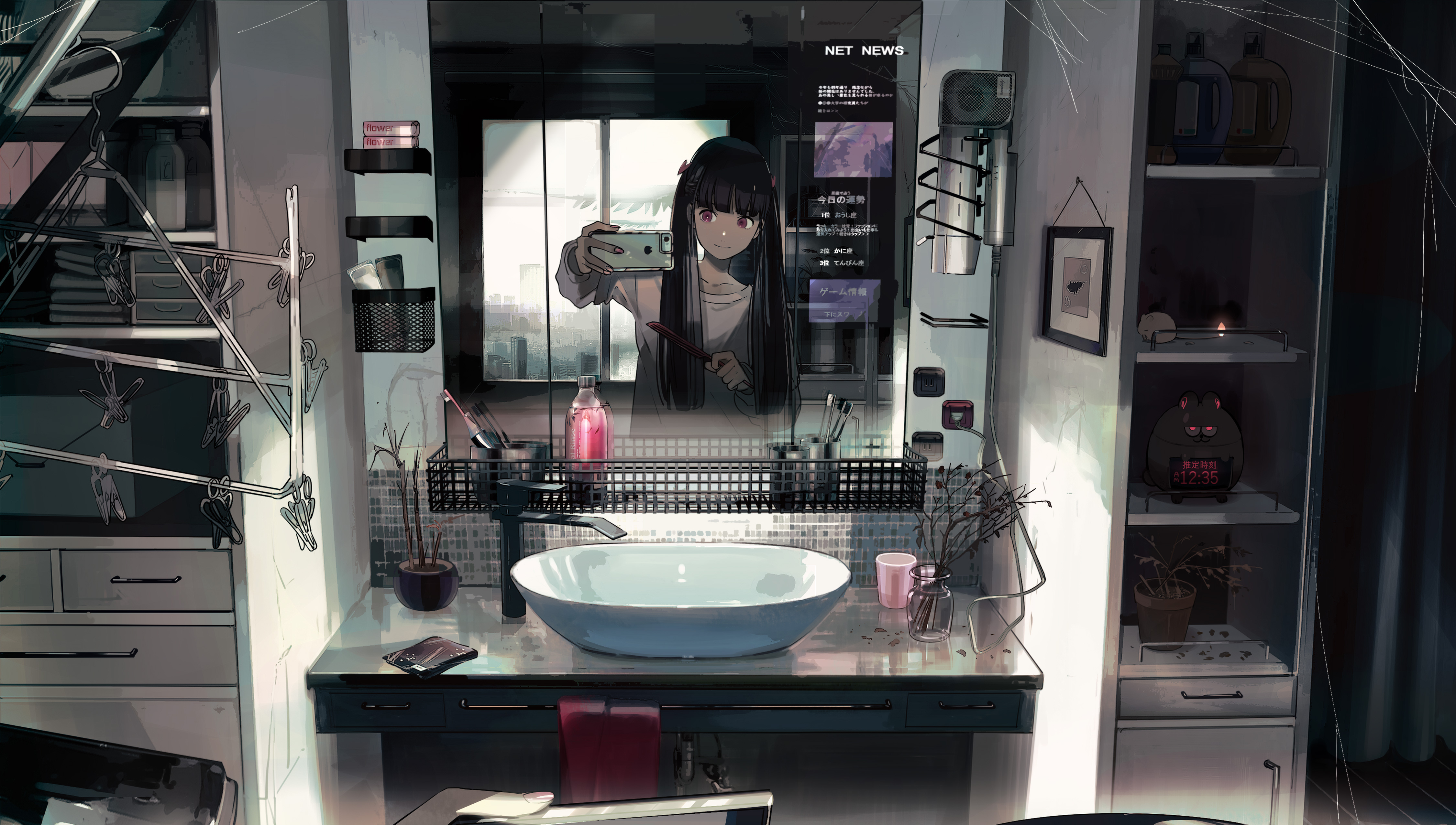 anime, room, bathroom, black hair, long hair, selfie, smartphone, twintails
