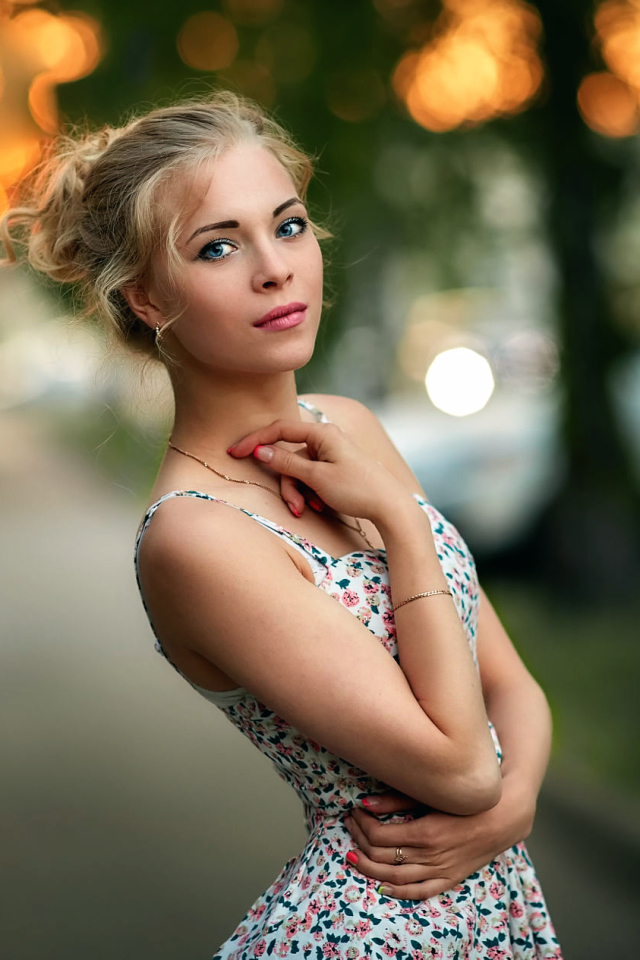 Download mobile wallpaper Bokeh, Blonde, Dress, Model, Women, Blue Eyes for free.