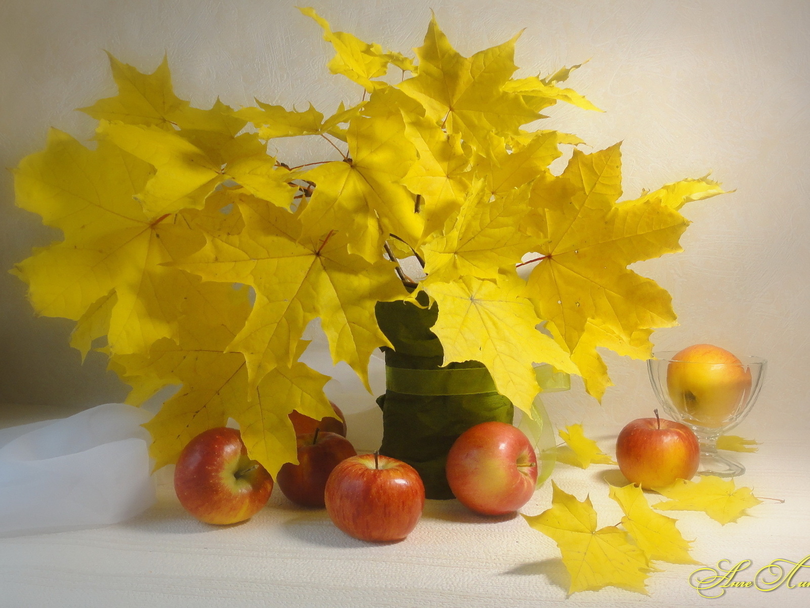 21949 скачать обои листья, букеты, яблоки, растения, натюрморт, еда, желтые - заставки и картинки бесплатно
