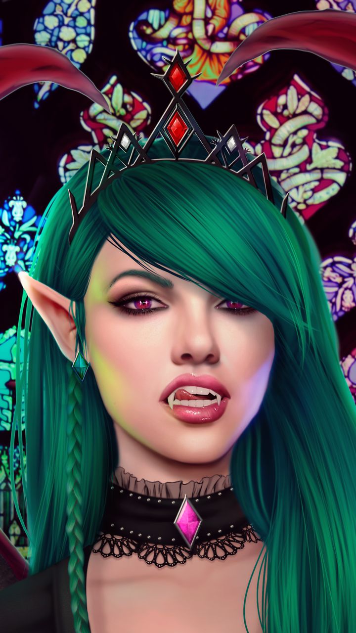 Download mobile wallpaper Dark, Fangs, Green Hair, Elf, Vampire, Purple Eyes for free.