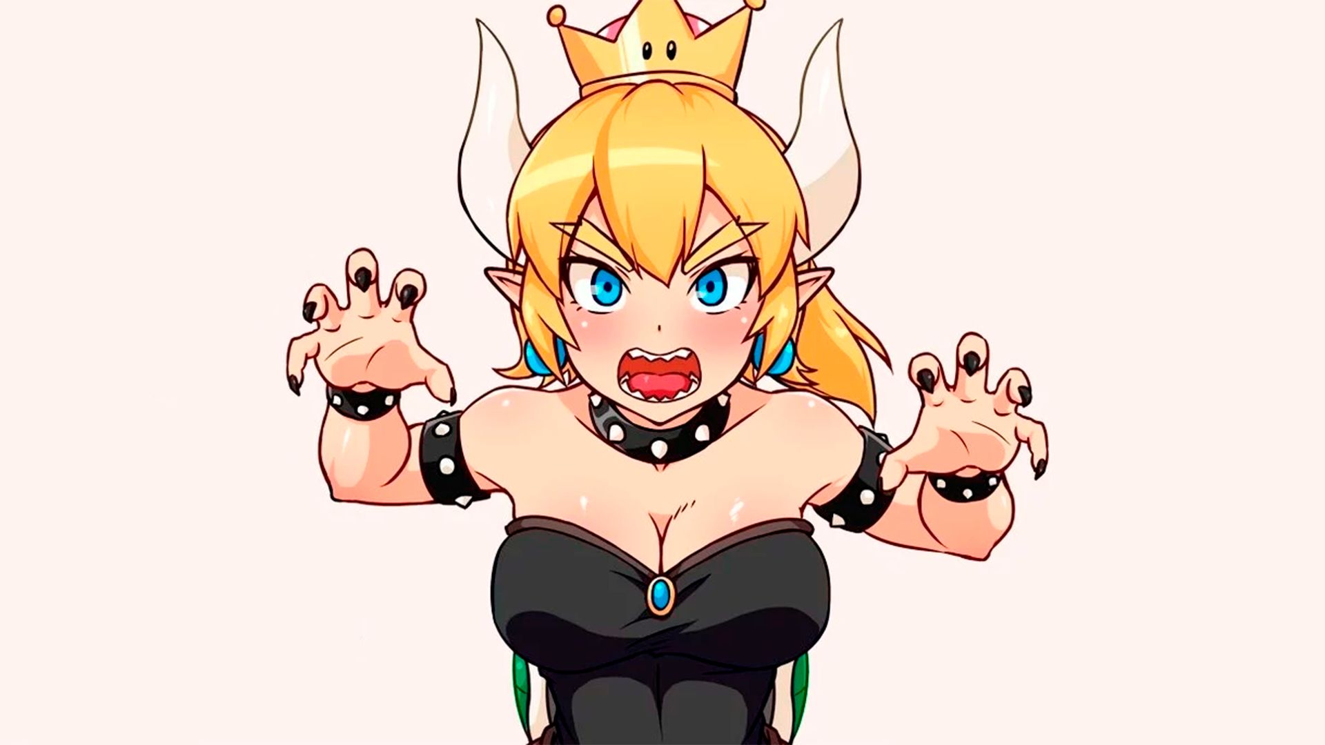 video game, bowsette, blonde, blue eyes, crown, horns, mario