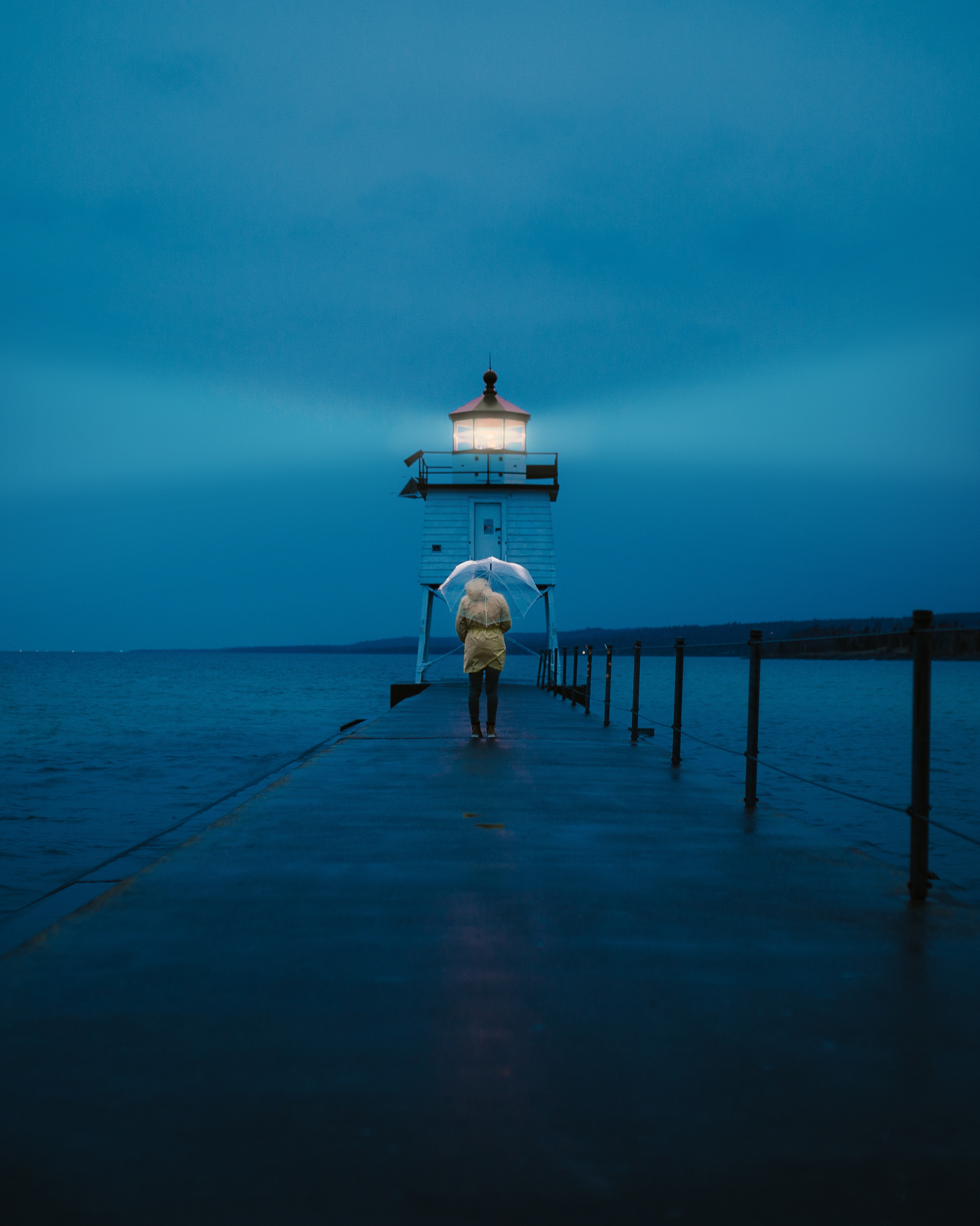 umbrella, person, sea, twilight, pier, miscellanea, miscellaneous, dusk, lighthouse, human