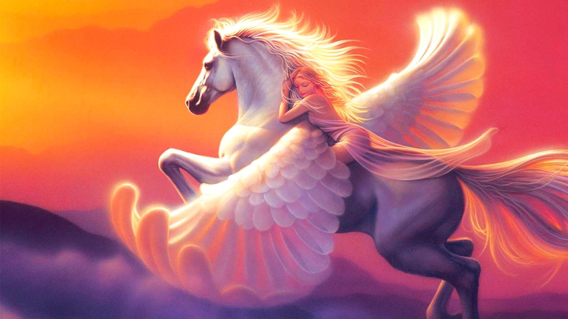 Laden Sie das Fantasie, Flügel, Blond, Pegasus, Sonnenuntergang-Bild kostenlos auf Ihren PC-Desktop herunter