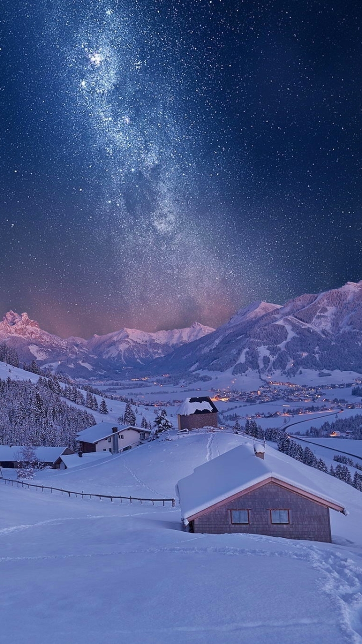 Download mobile wallpaper Winter, Nature, Sky, Stars, Night, Mountain, Photography for free.