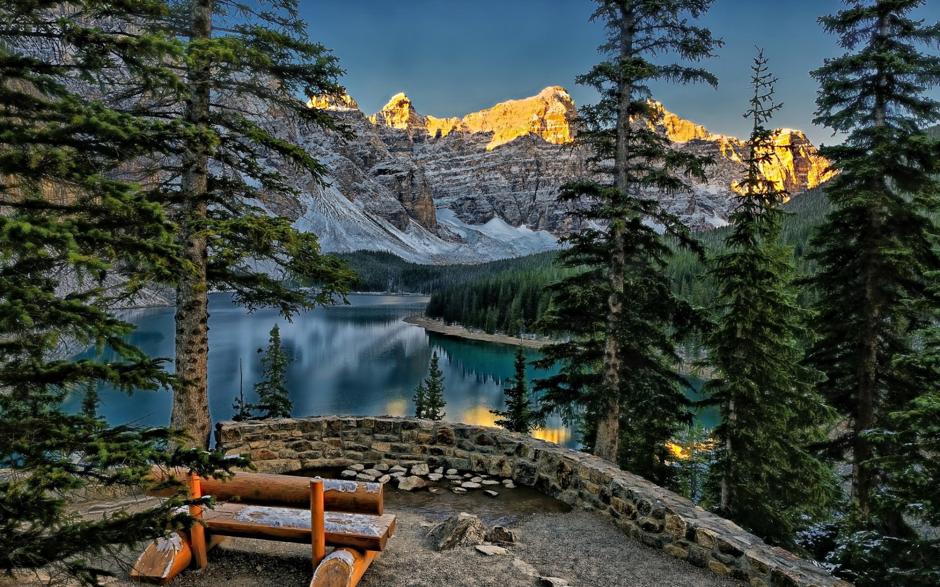 moraine lake, canada, man made, bench, forest, lake, mountain