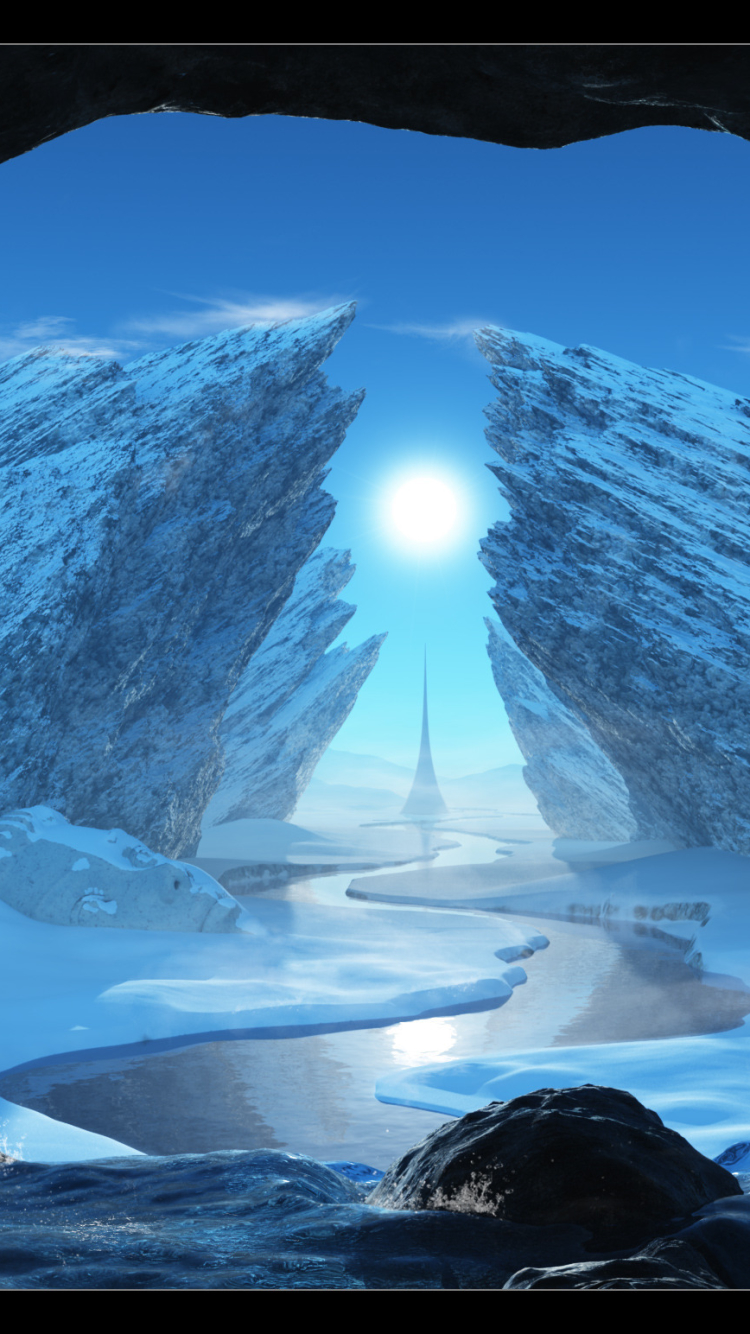 Download mobile wallpaper Landscape, Winter, Fantasy, Ice, Snow, Stream, Cave for free.