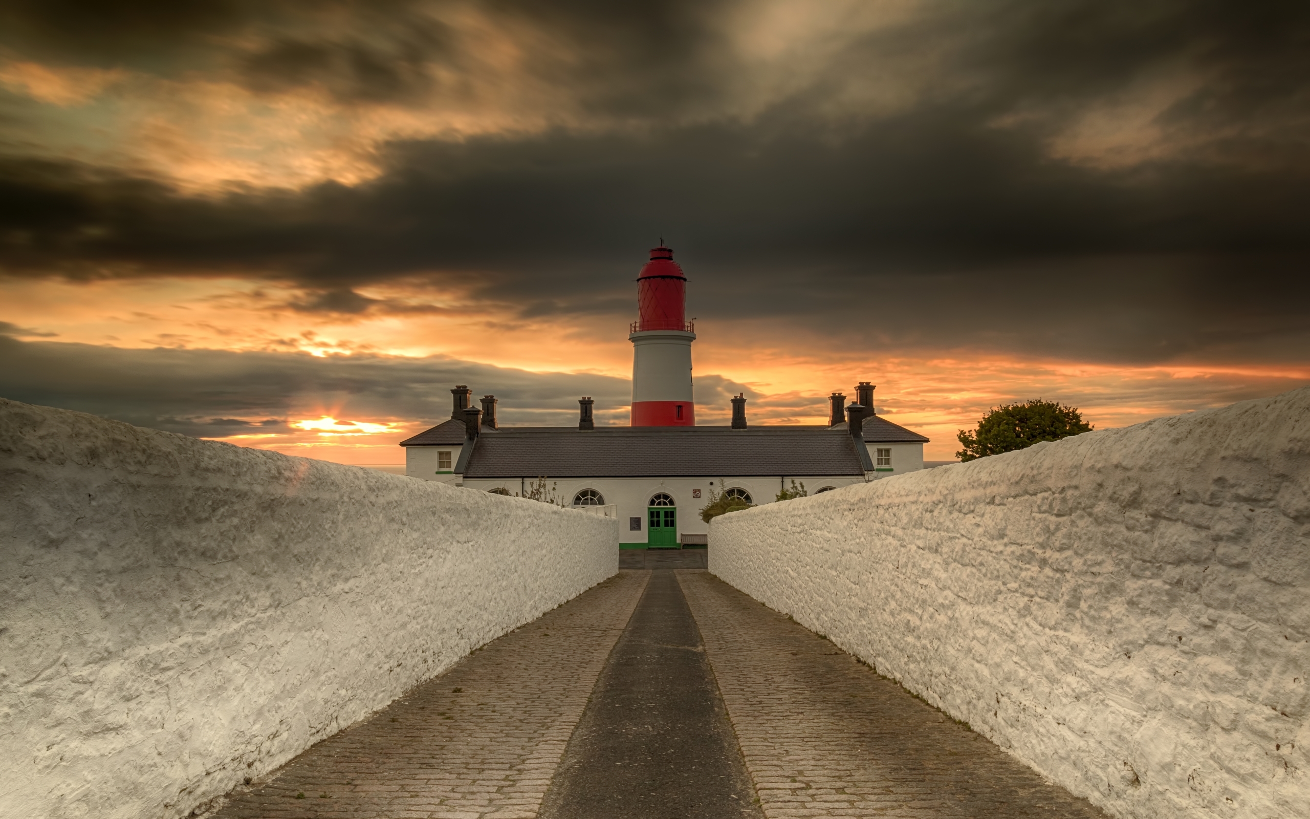 Free download wallpaper Sunset, Building, Path, Lighthouse, Cloud, Man Made on your PC desktop