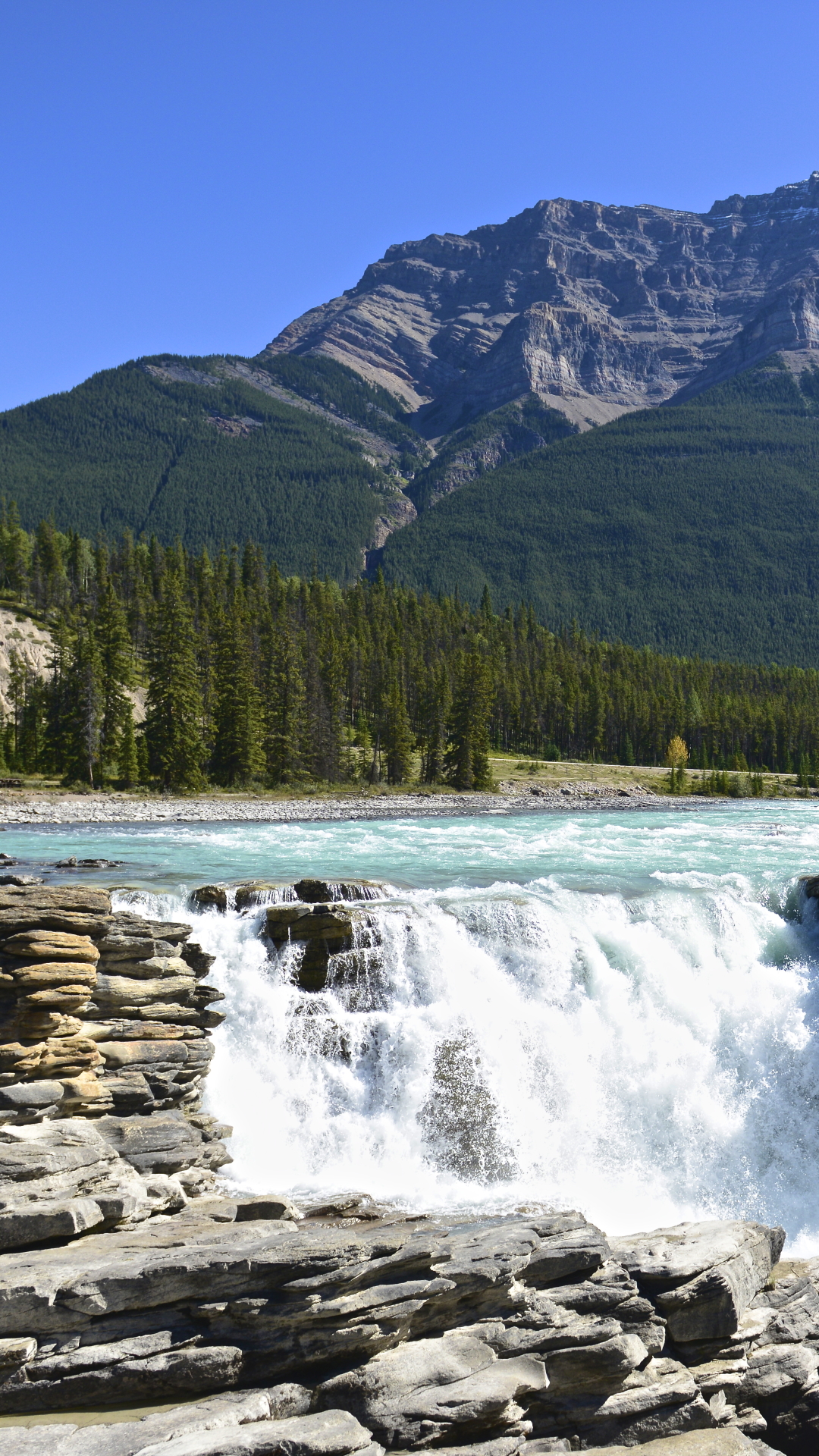 Download mobile wallpaper Nature, Waterfalls, Mountain, Canada, Waterfall, Forest, Earth, River, Athabasca Falls, Jasper National Park for free.