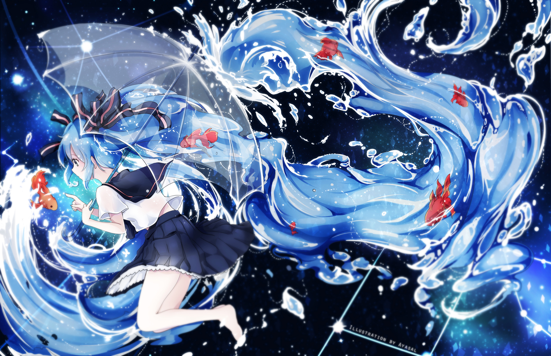 Free download wallpaper Anime, Water, Umbrella, Fish, Vocaloid, Hatsune Miku on your PC desktop