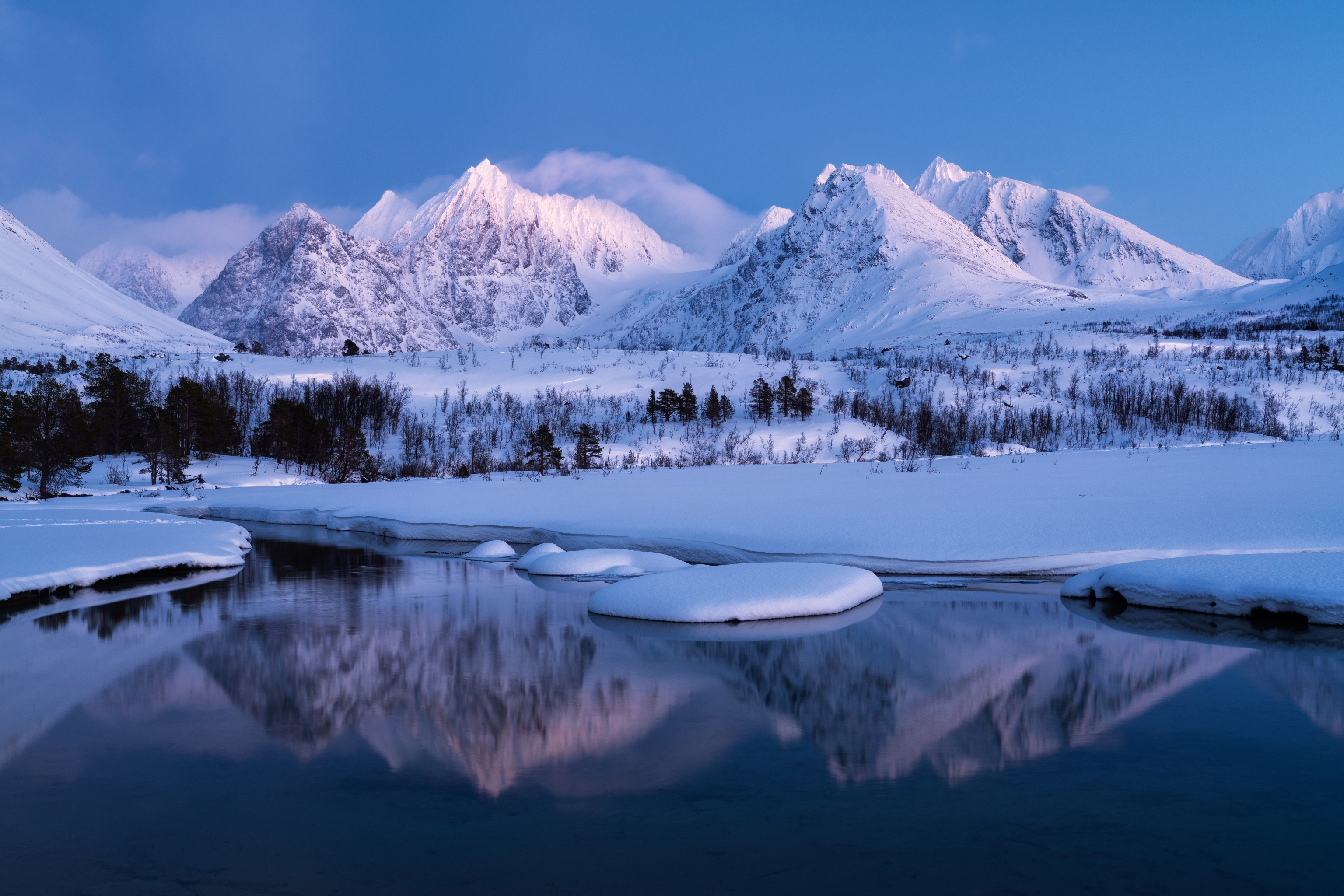 Download mobile wallpaper Winter, Nature, Snow, Mountain, Lake, Reflection, Earth, Norway for free.