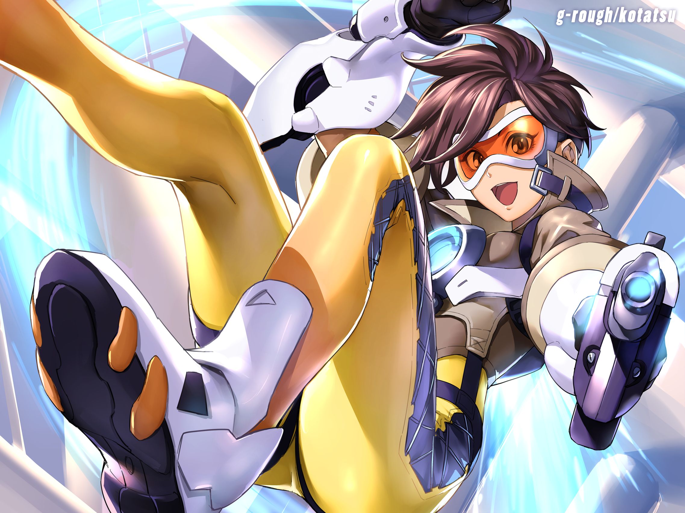 overwatch, tracer (overwatch), video game, brown hair, goggles, gun, short hair, smile, weapon