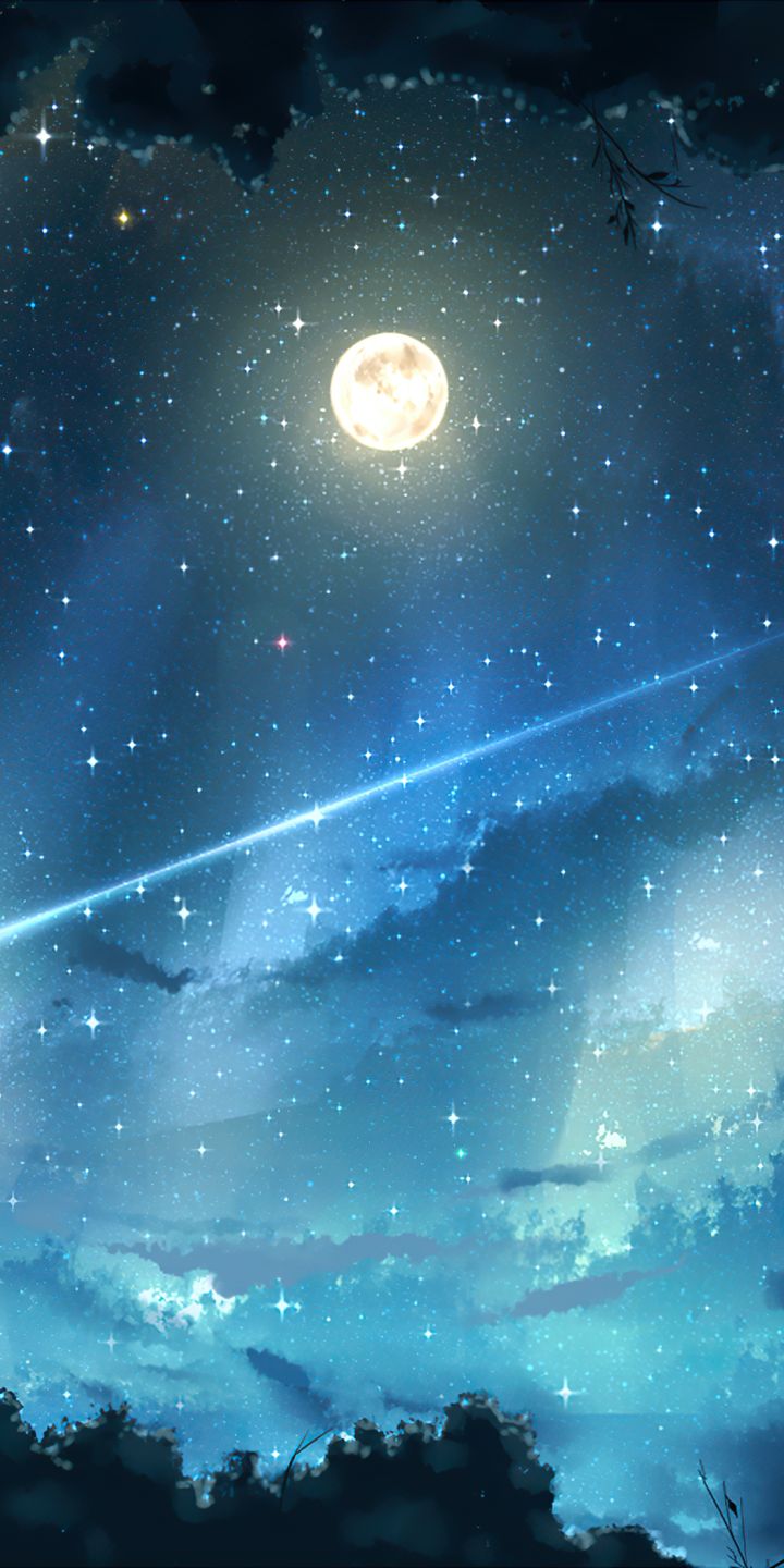 Скачать картинку Аниме, Небо, Звезды, Ночь, Луна в телефон бесплатно.
