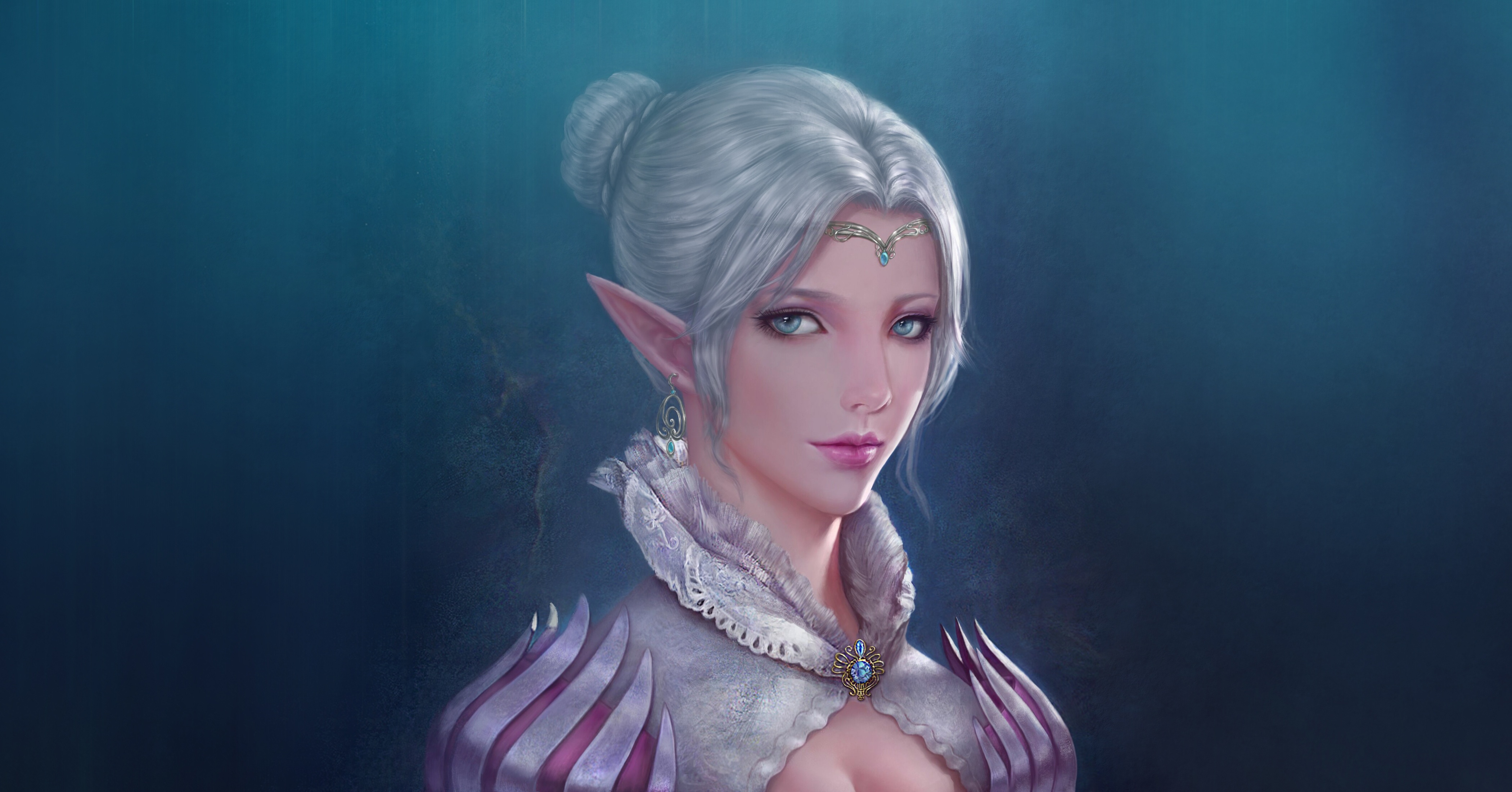 Download mobile wallpaper Fantasy, Elf, White Hair, Aqua Eyes for free.