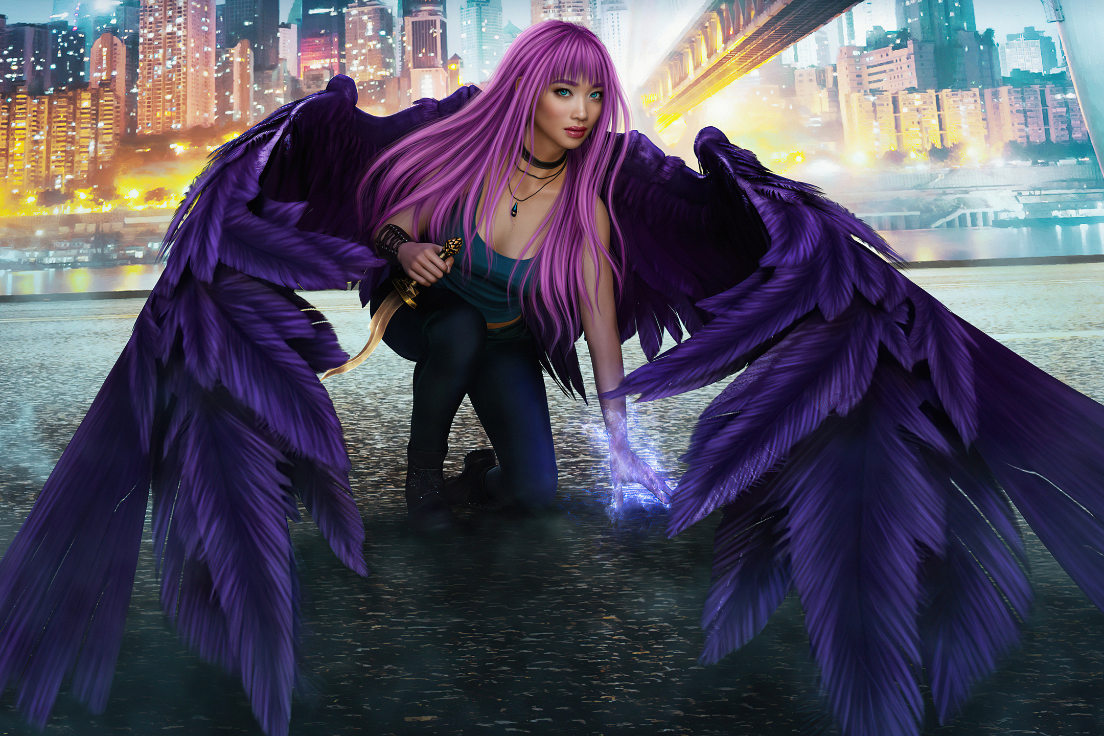 無料モバイル壁紙ファンタジー, 天使, 翼, ピンクの髪, 長い髪をダウンロードします。