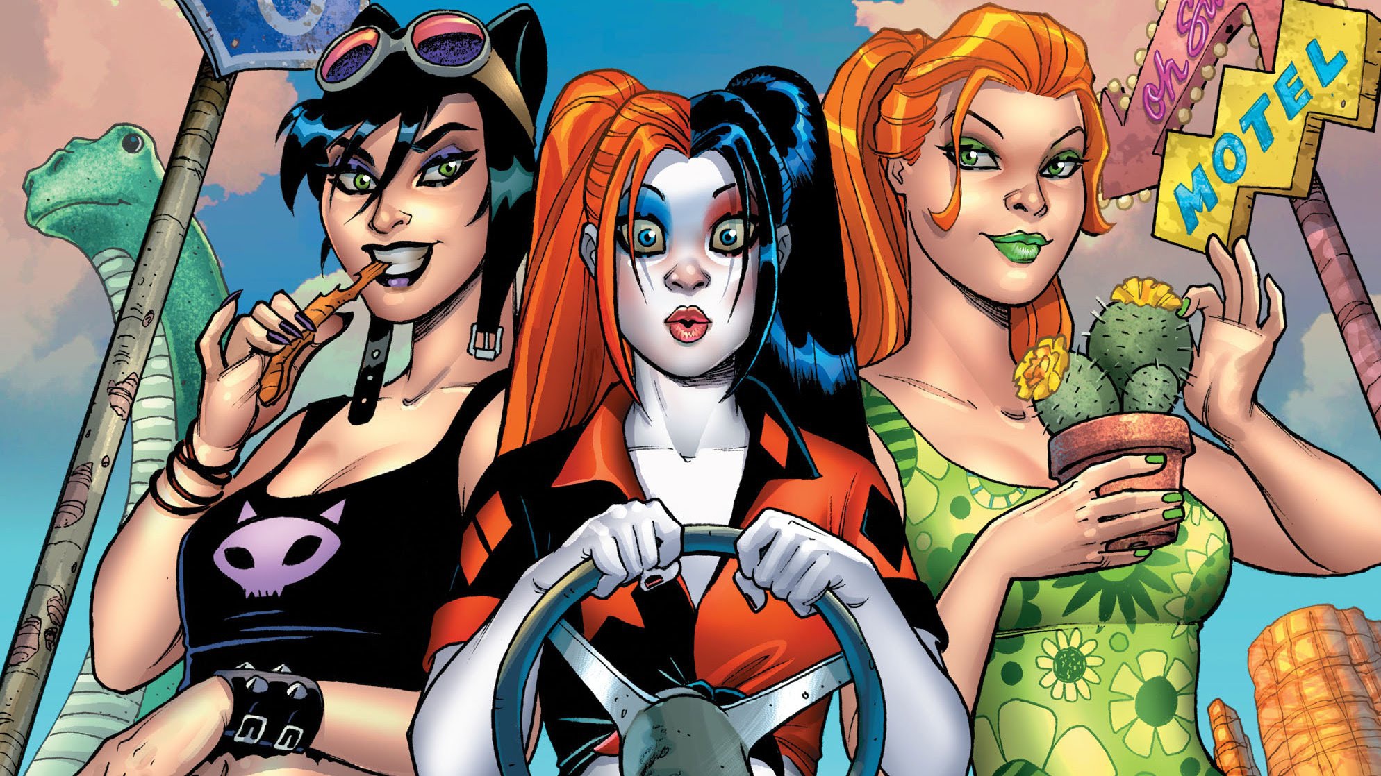 Laden Sie das Comics, Harley Quinn, Dc Comics, Giftiger Efeu, Katzenfrau, Gotham City Sirens-Bild kostenlos auf Ihren PC-Desktop herunter