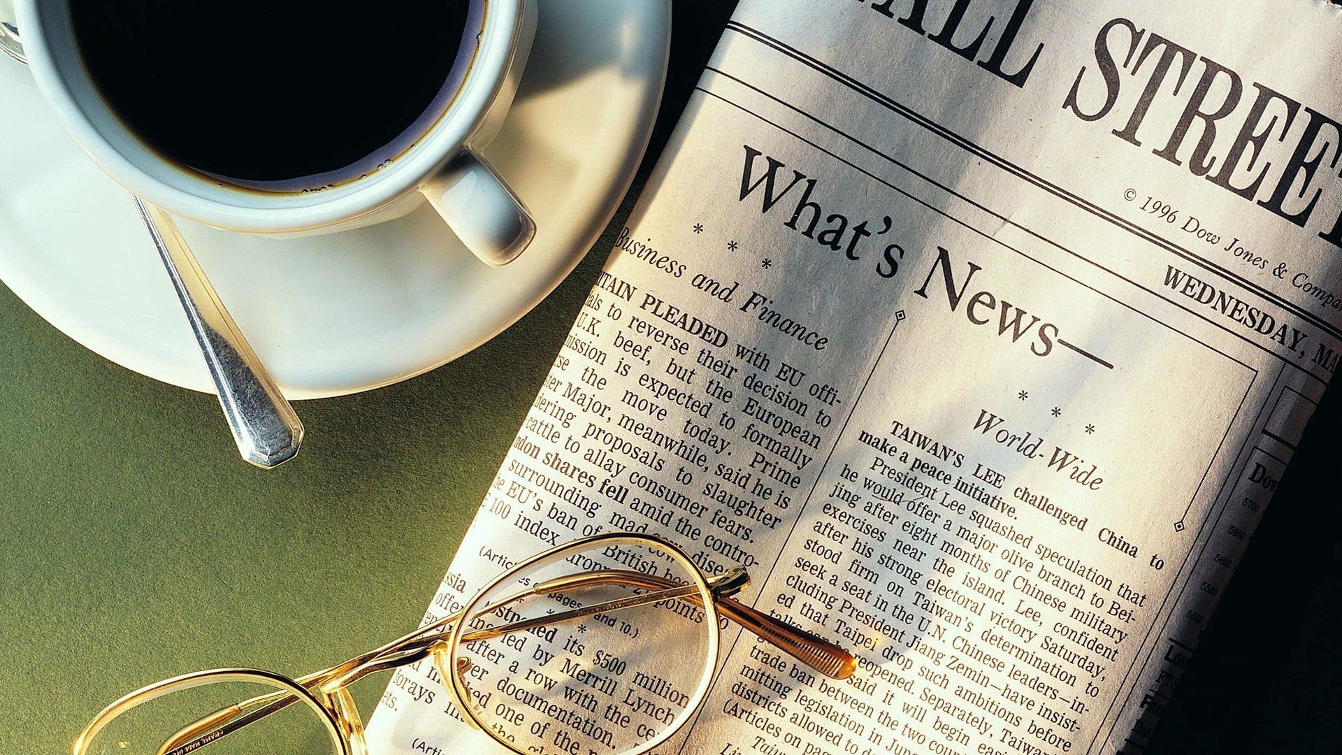 newspaper, miscellanea, spectacles, coffee, miscellaneous, cup, glasses, breakfast, needs