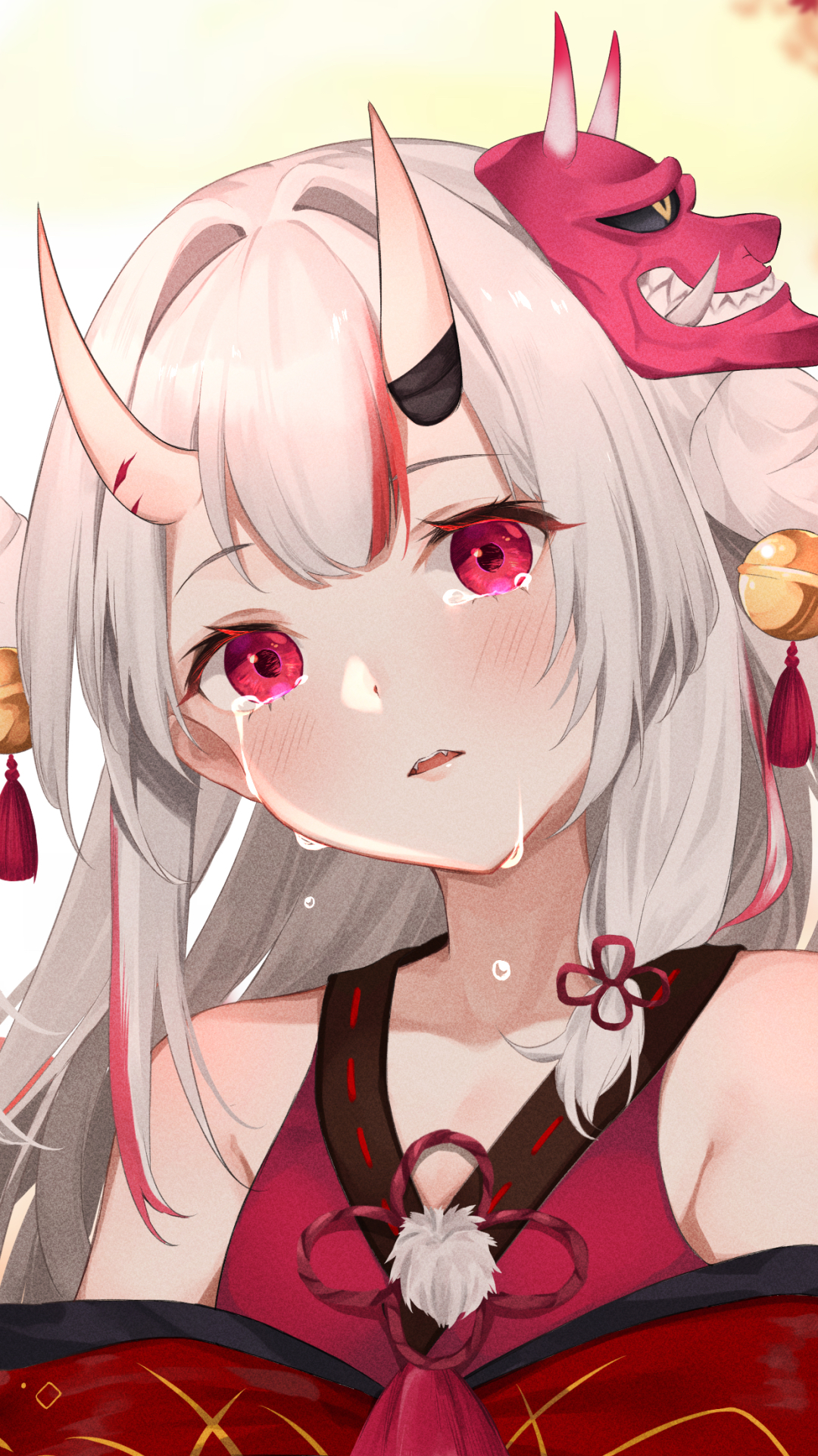 Download mobile wallpaper Anime, Horns, Tears, White Hair, Pink Eyes, Virtual Youtuber, Hololive, Nakiri Ayame for free.