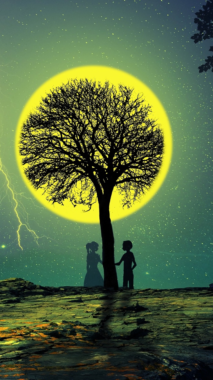Download mobile wallpaper Anime, Night, Moon, Love, Couple, Tree for free.