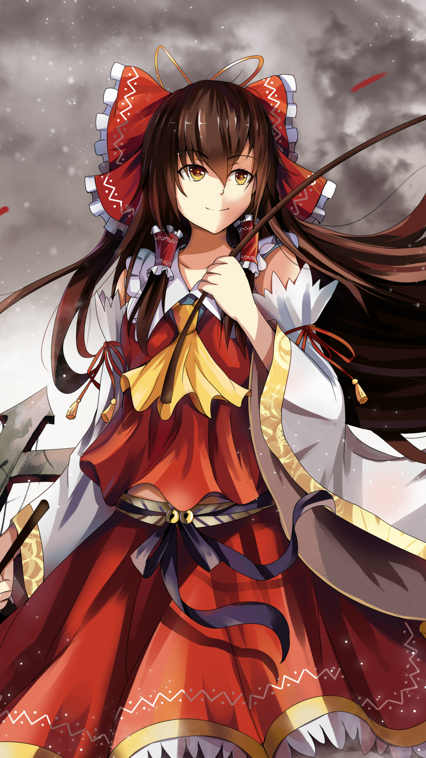 Handy-Wallpaper Animes, Tuhu, Lange Haare, Braune Haare, Reimu Hakurei, Japanische Kleidung kostenlos herunterladen.