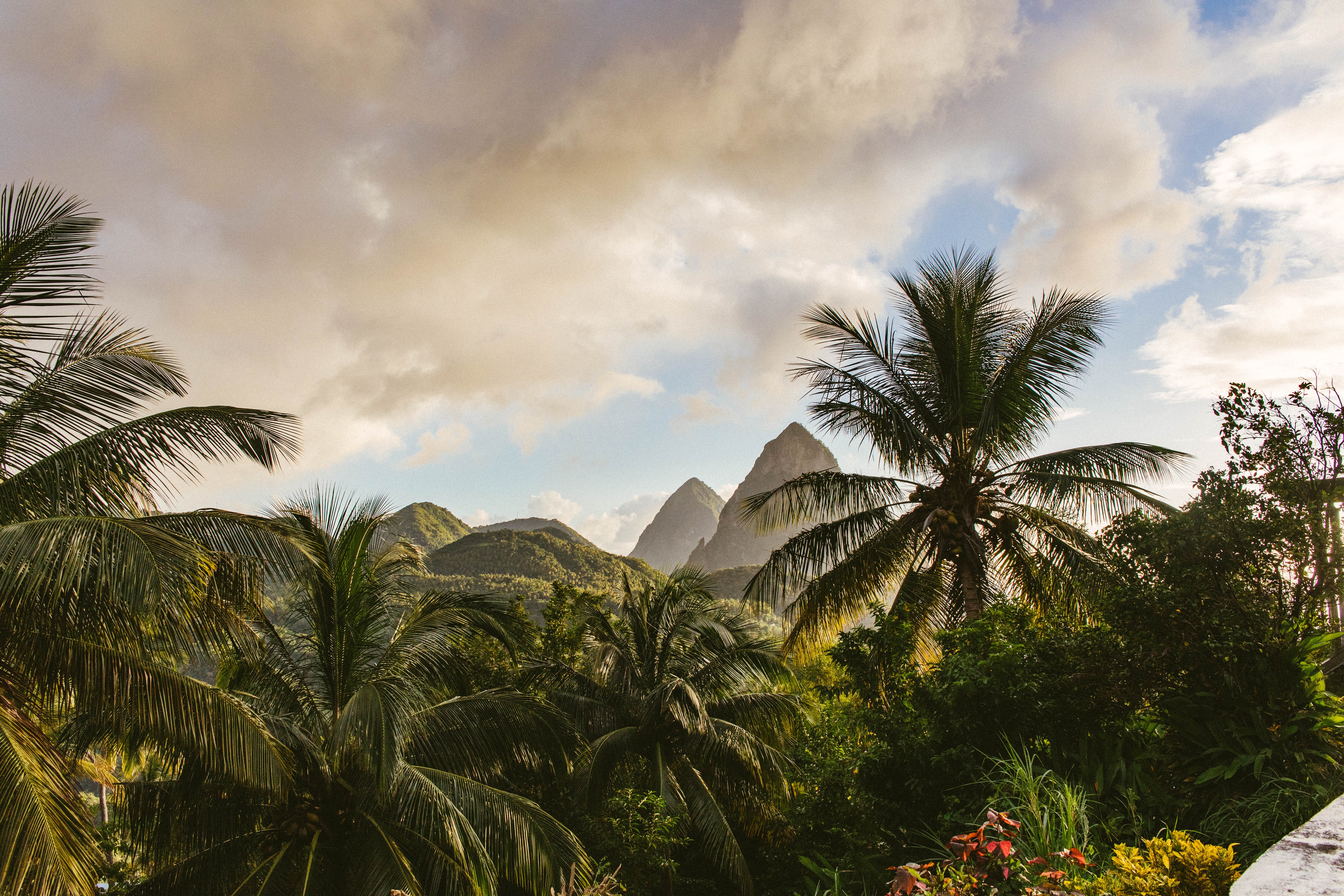 Free download wallpaper Nature, Mountains, Island, Landscape, Palms on your PC desktop