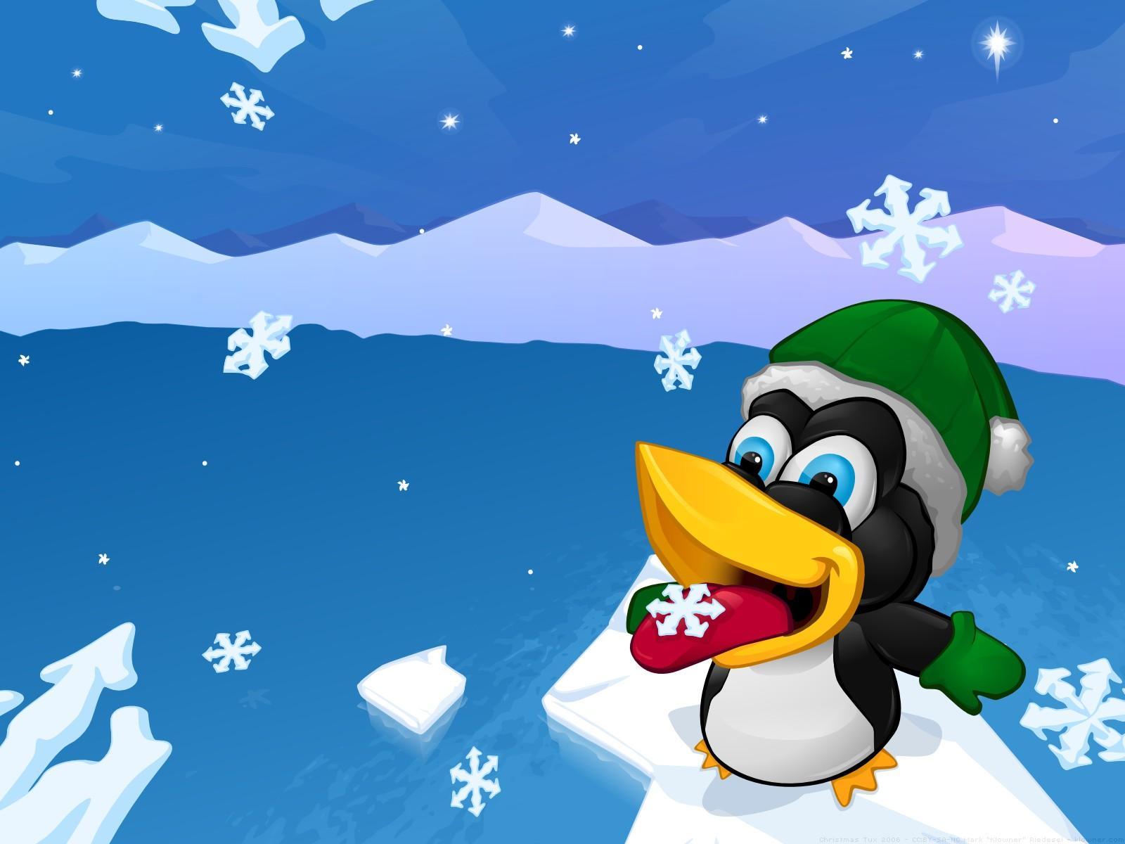 pinguins, winter, pictures, snowflakes, blue