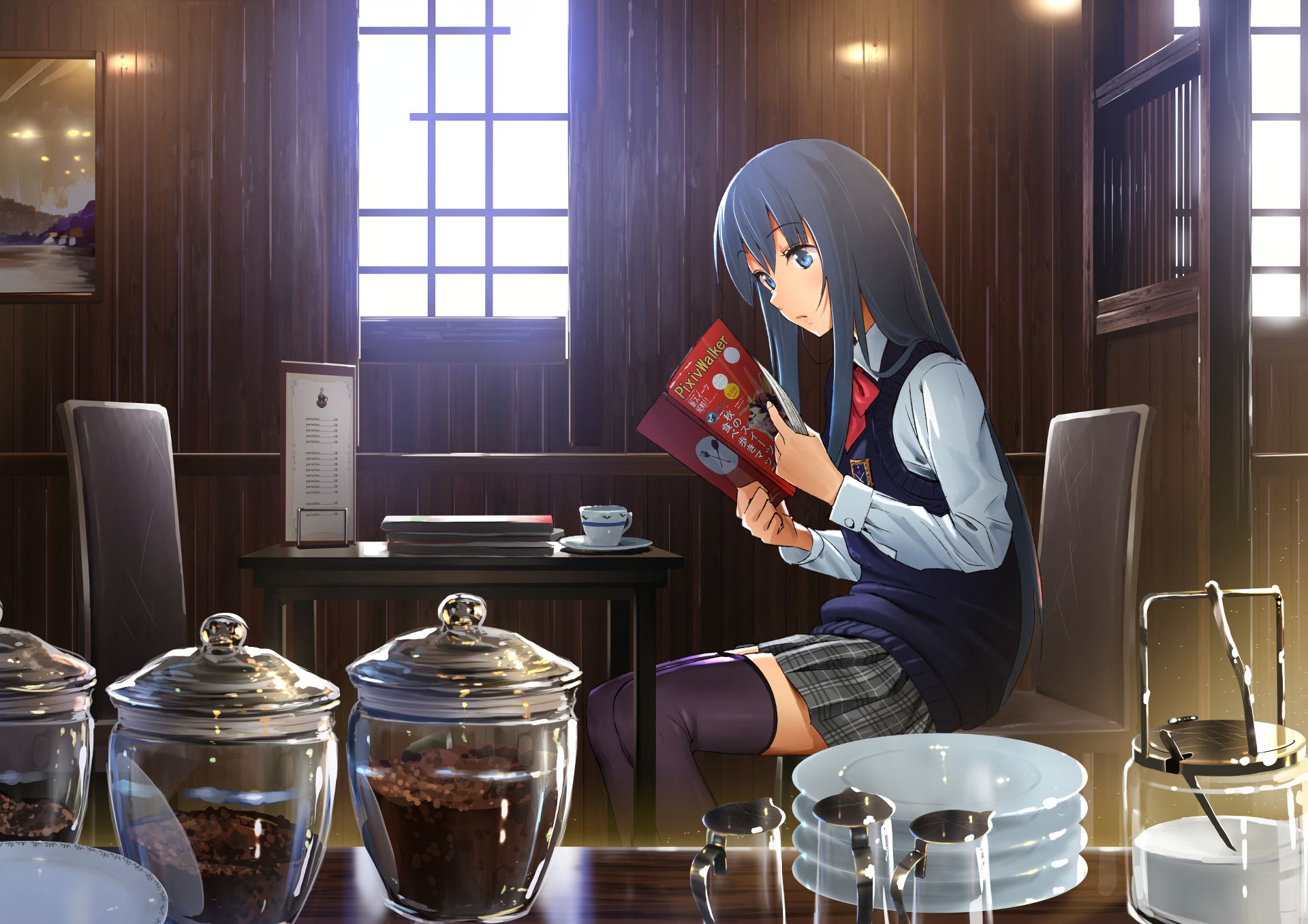 Laden Sie das Tasse, Blaue Augen, Original, Blaue Haare, Schuluniform, Animes-Bild kostenlos auf Ihren PC-Desktop herunter