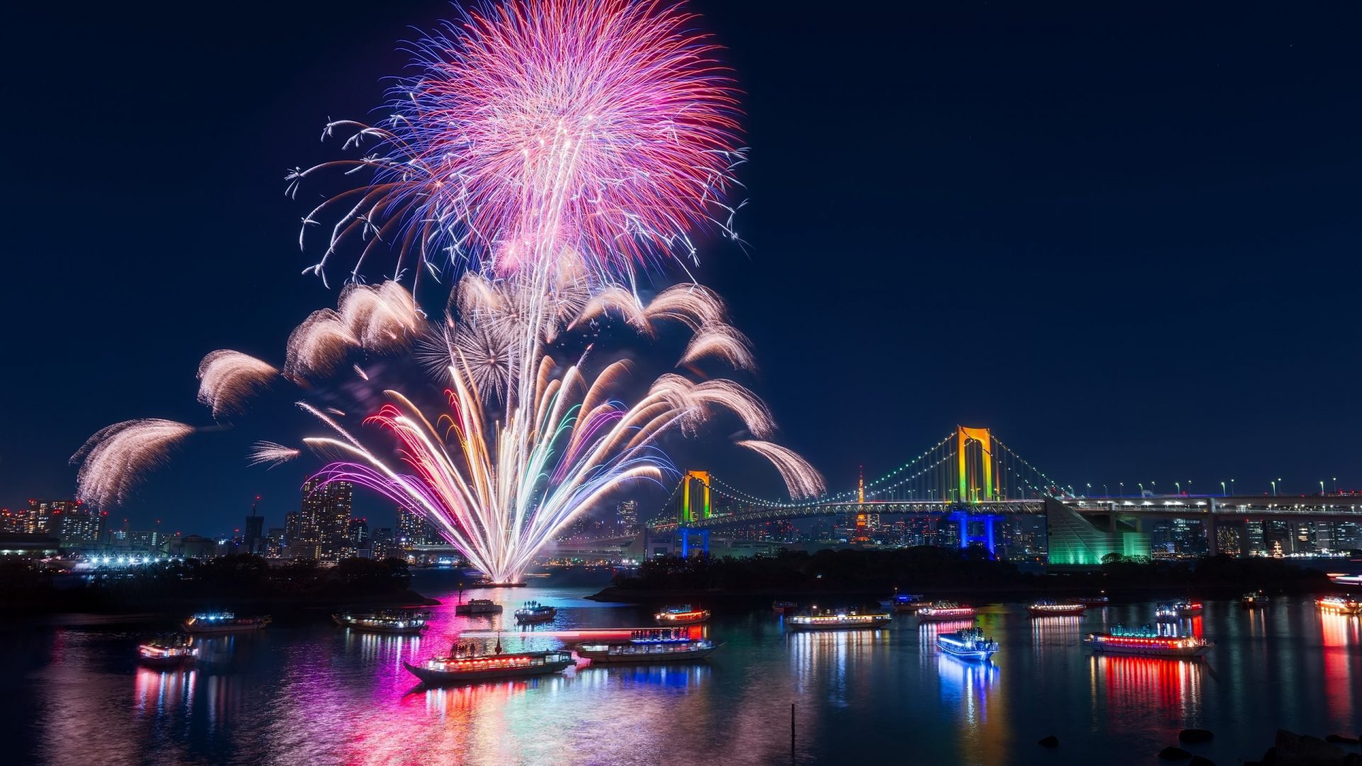 photography, fireworks, bridge, city, japan, night, rainbow bridge, tokyo