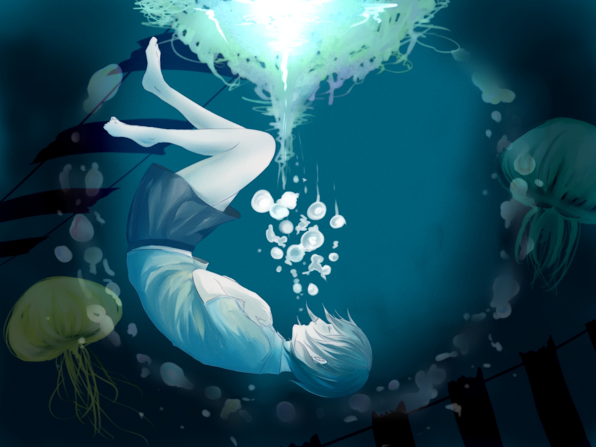 Free download wallpaper Anime, Jellyfish, Underwater, Bubble, Original, Short Hair, White Hair on your PC desktop