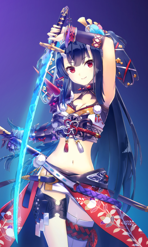 Download mobile wallpaper Anime, Girl, Horns, Sword, Red Eyes, Long Hair for free.