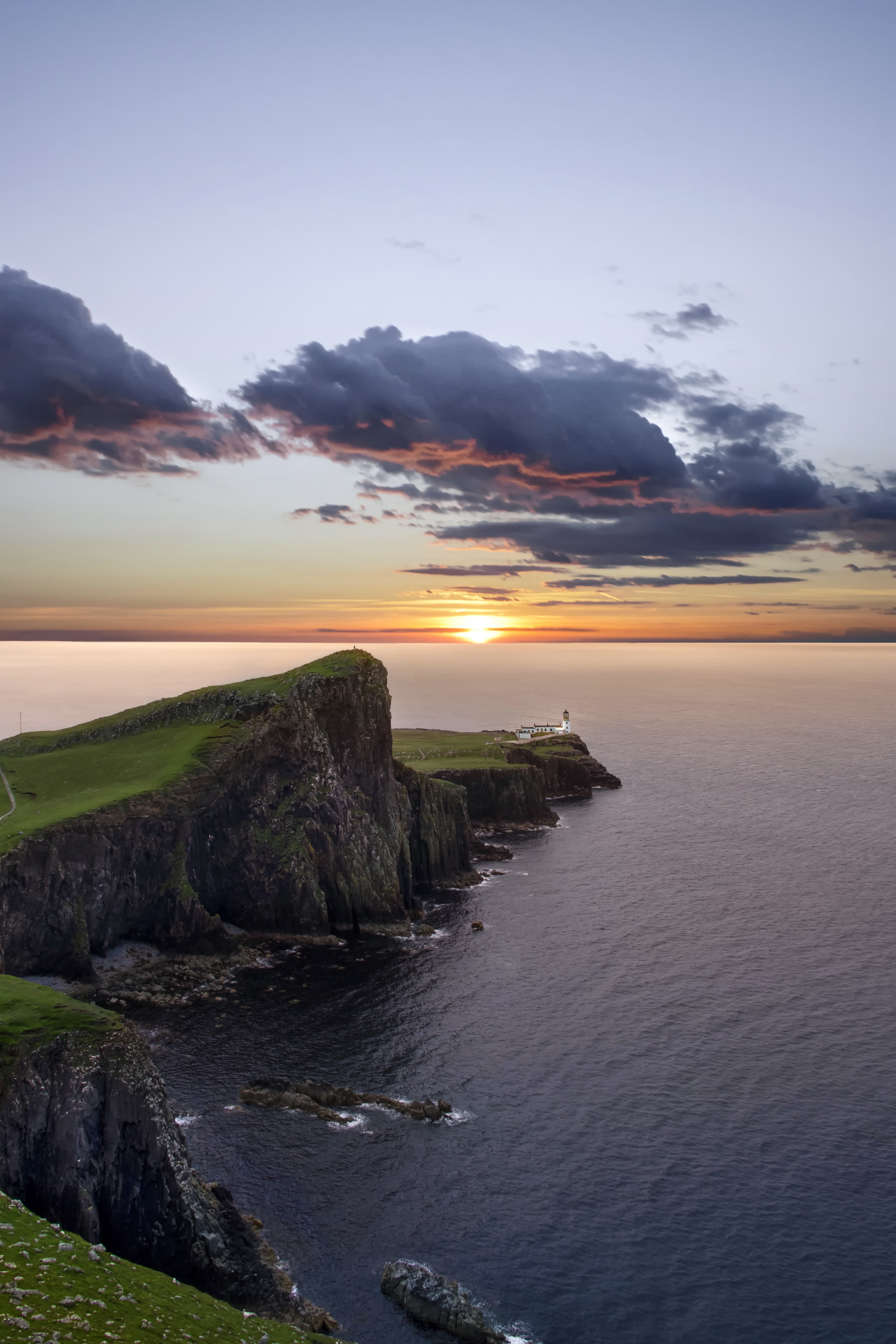 Free download wallpaper Rock, Nature, Sunset, Horizon, Lighthouse, Sea on your PC desktop