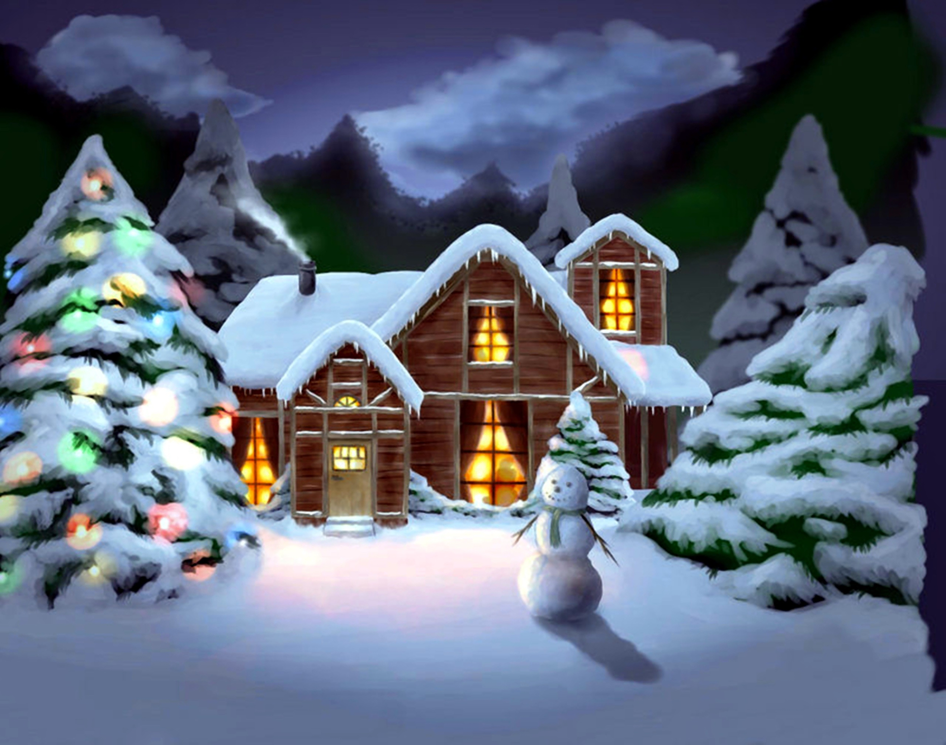 Laden Sie das Winter, Schnee, Weihnachten, Schneemann, Hütte, Künstlerisch-Bild kostenlos auf Ihren PC-Desktop herunter