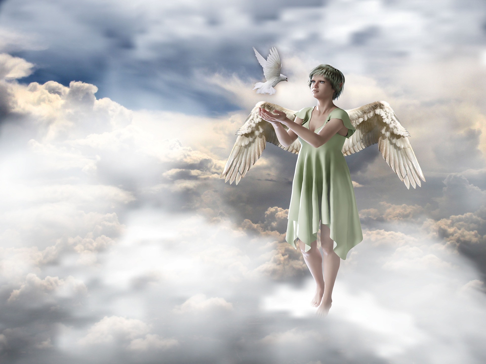 Download mobile wallpaper Fantasy, Angel, Cloud, Dove for free.