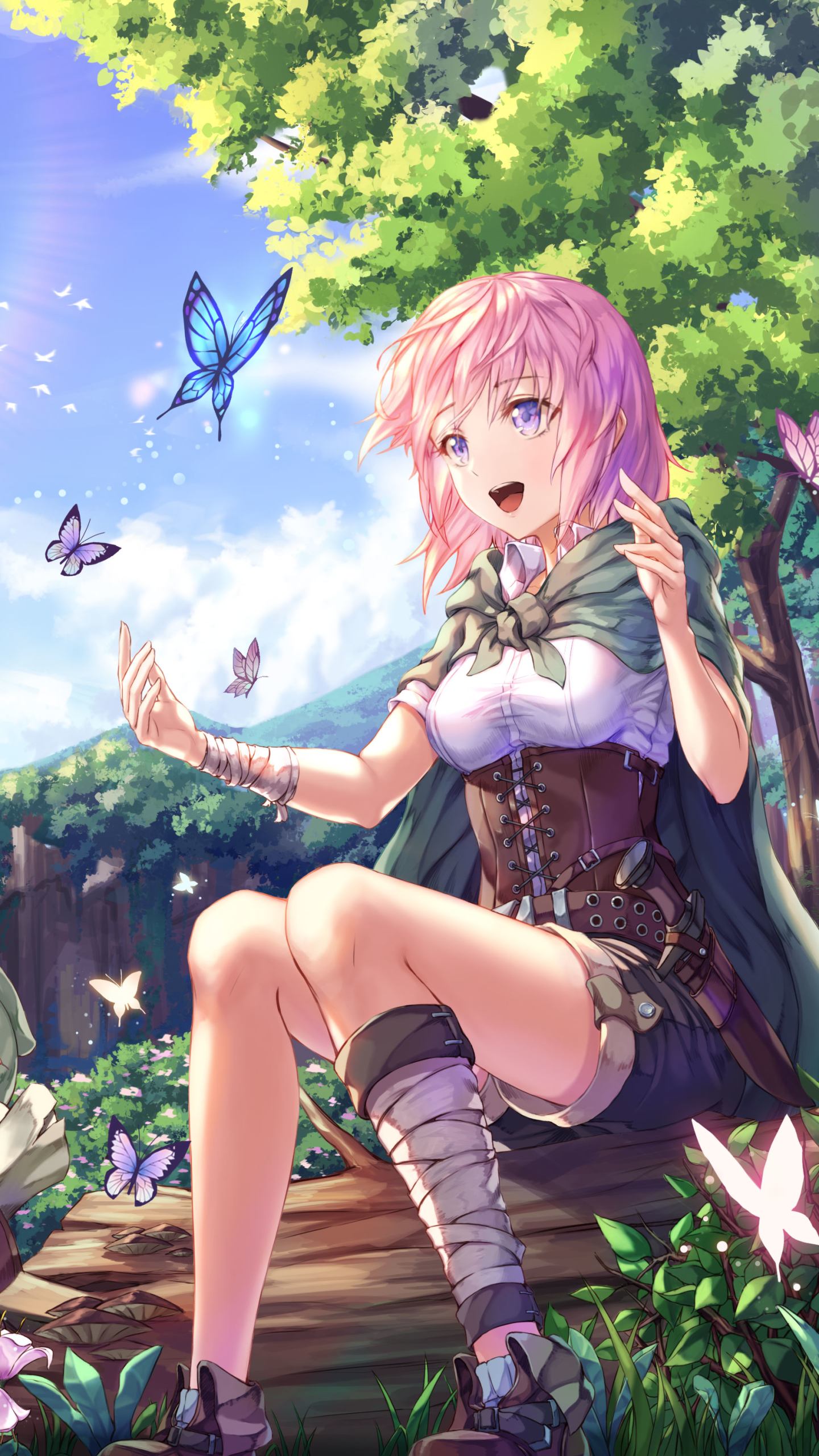 Download mobile wallpaper Anime, Bird, Butterfly, Smile, Blue Eyes, Original, Pink Hair, Short Hair for free.