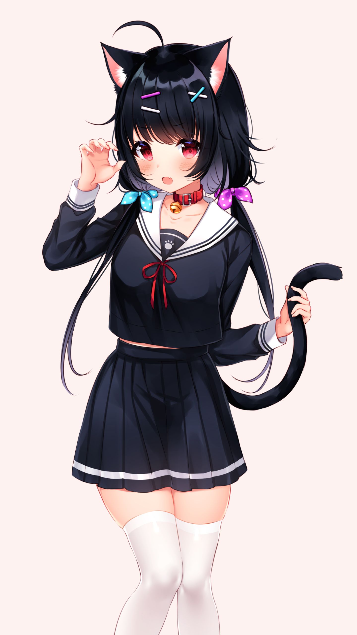 Download mobile wallpaper Anime, Skirt, Original, School Uniform, Red Eyes, Black Hair, Long Hair, Animal Ears for free.