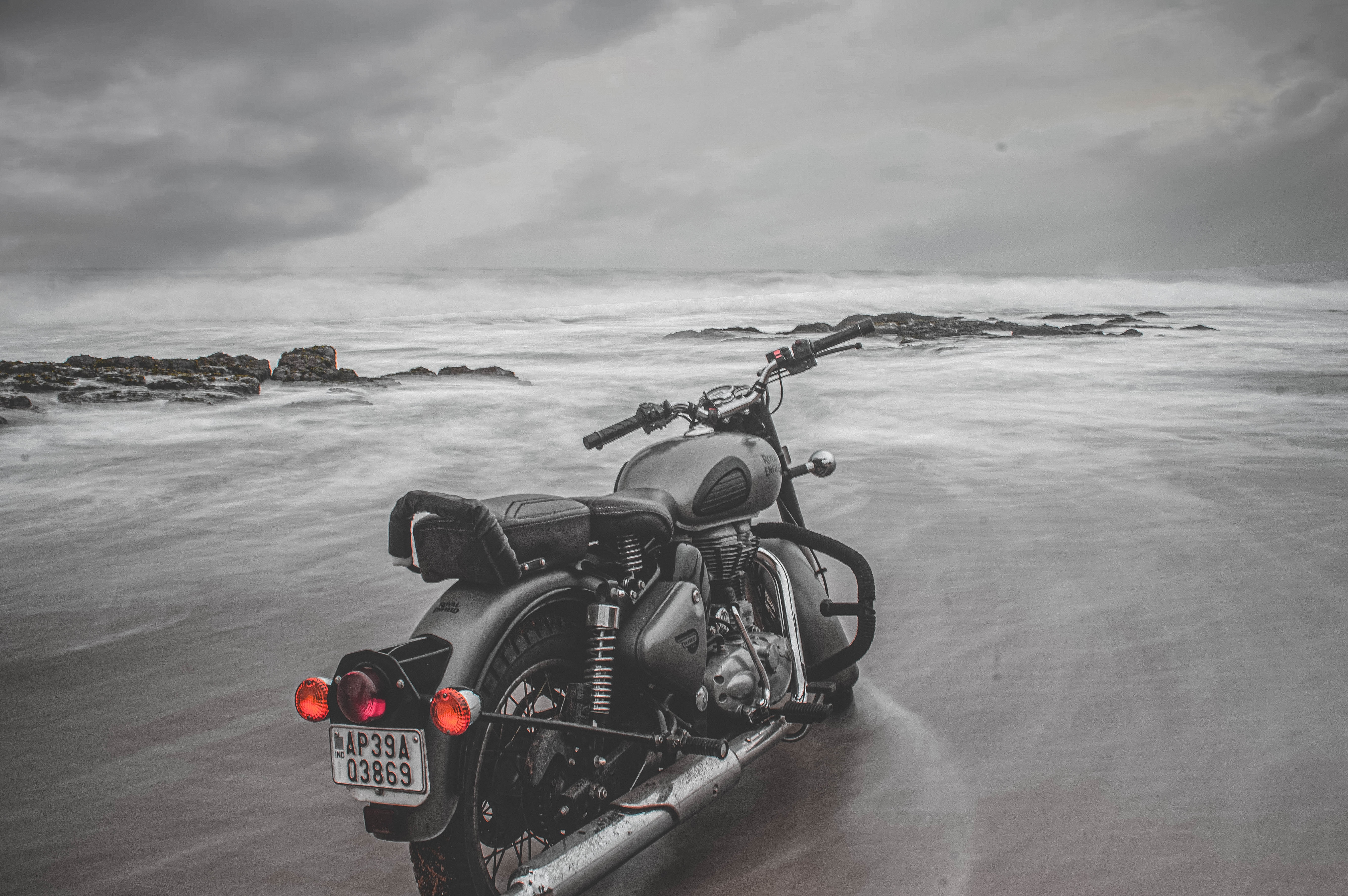 bike, motorcycle, sea, beach, motorcycles, grey mobile wallpaper