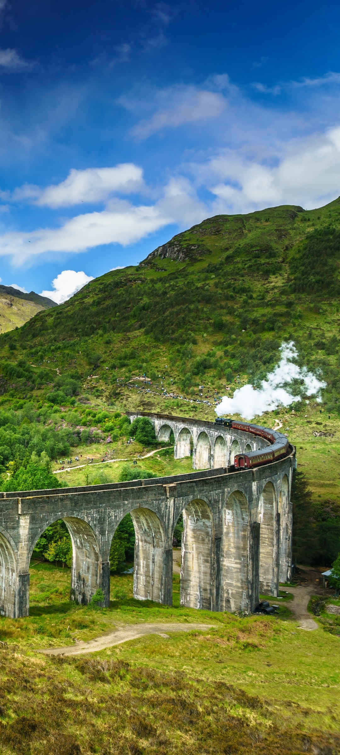 Download mobile wallpaper Bridge, Scotland, Train, Vehicles for free.