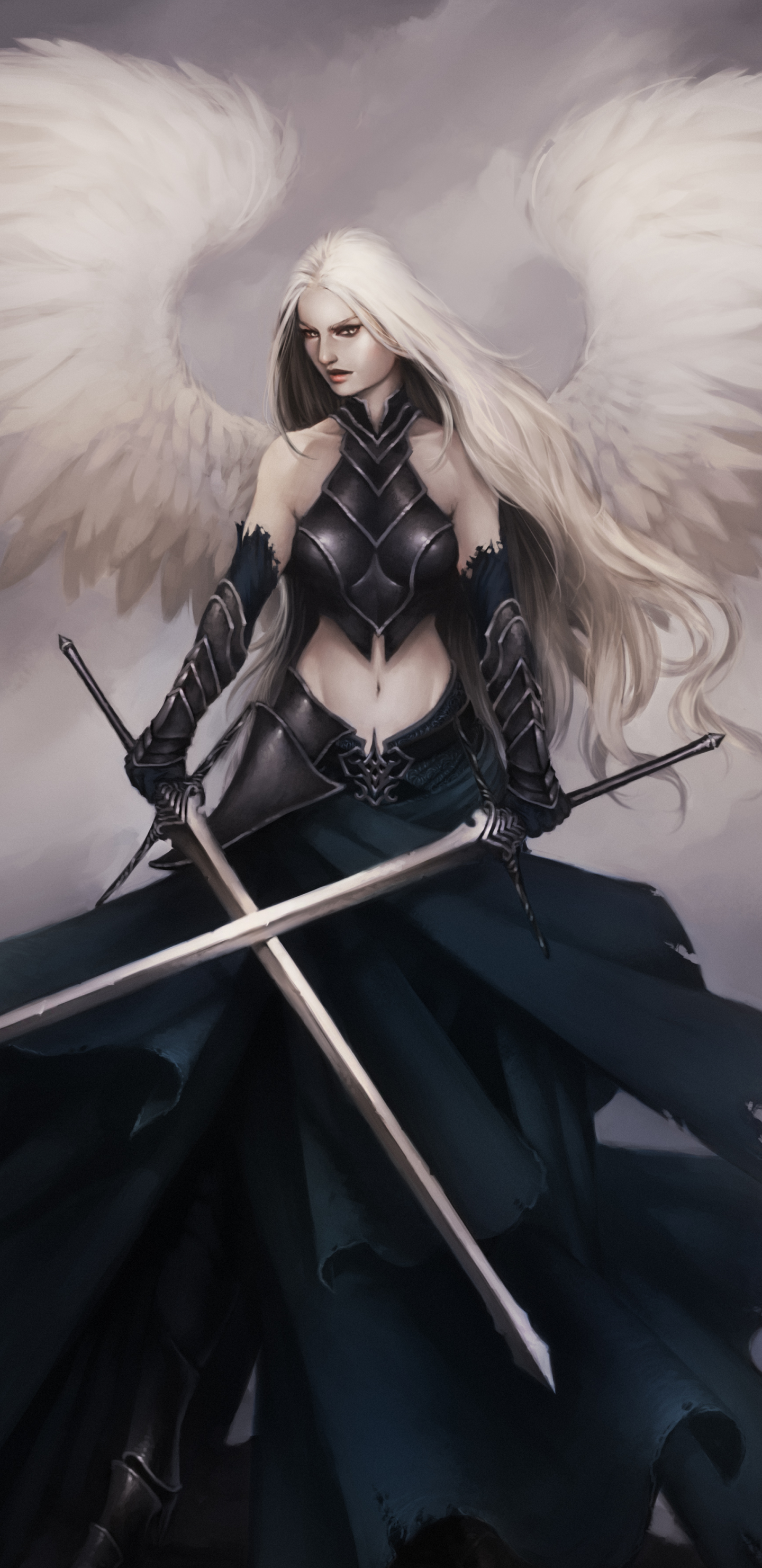 無料モバイル壁紙ファンタジー, 天使, 翼, 白髪, 戦士, 剣, 女戦士をダウンロードします。
